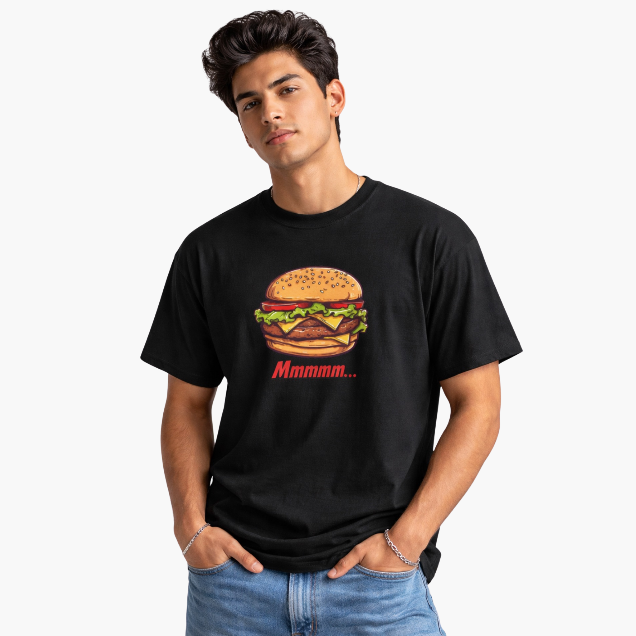Male model wearing a black t-shirt with a graphic of a burger and the text 'Mmm...' on a white background