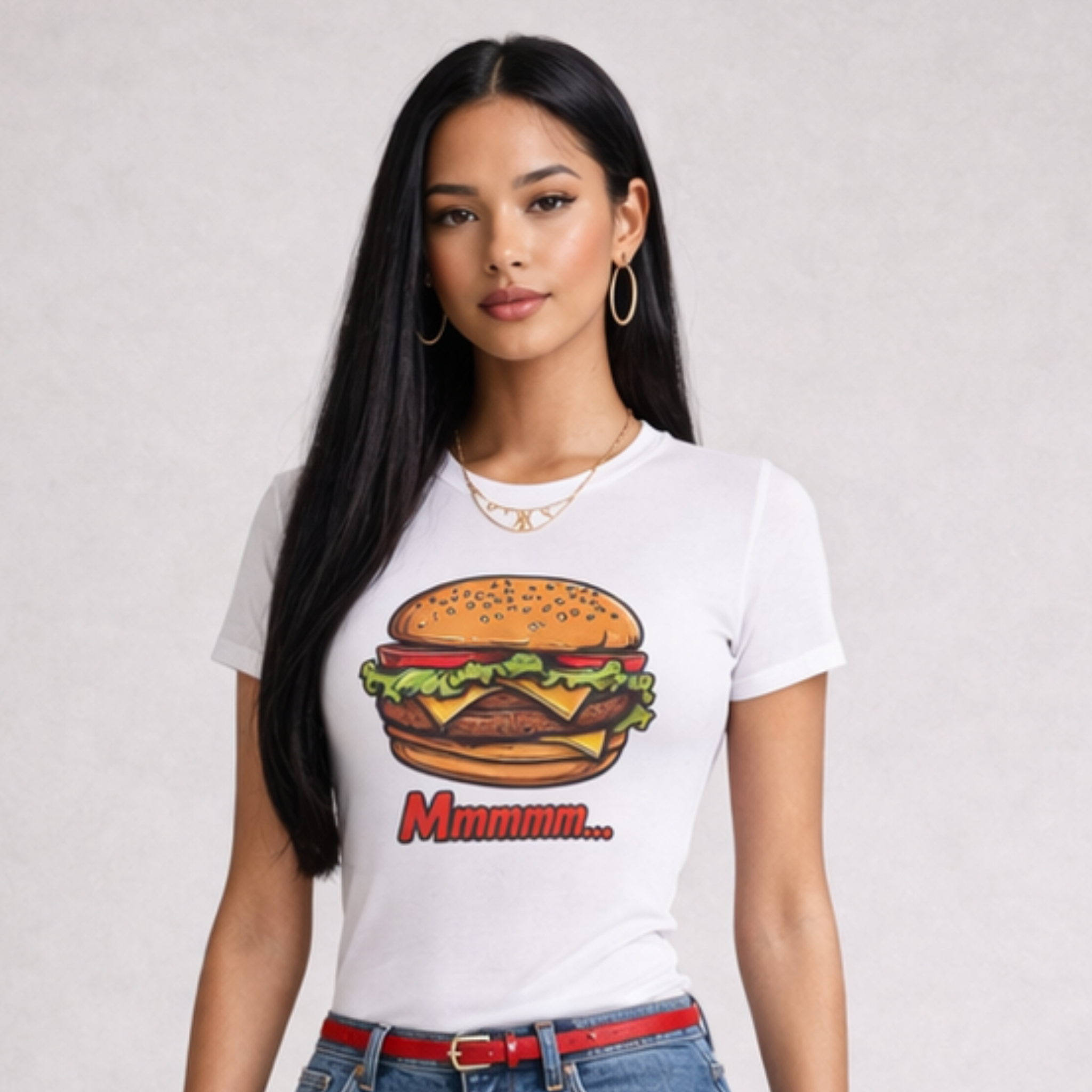 Woman model wearing a white t-shirt with a colorful burger graphic and 'Mmmmm...' text.