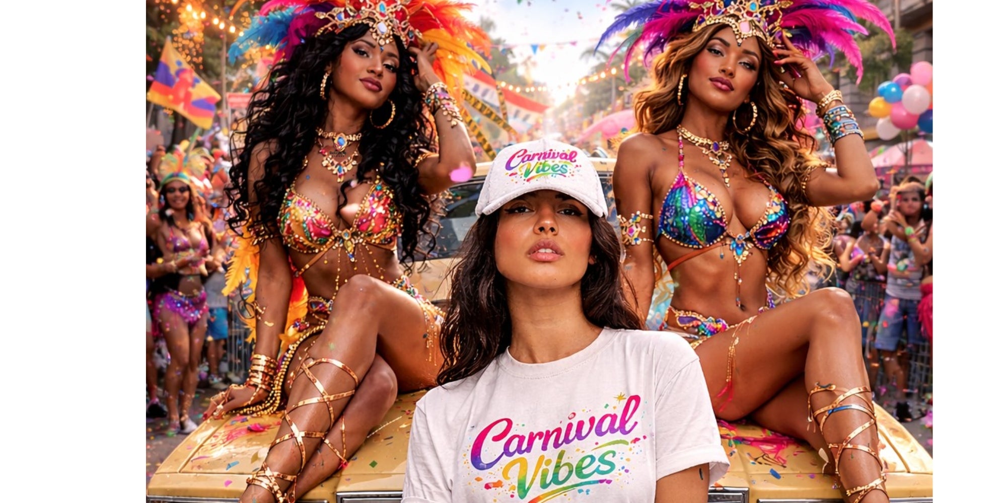 Three women in colorful carnival costumes and a model wearing a "Carnival Vibes" t-shirt at a vibrant festival scene