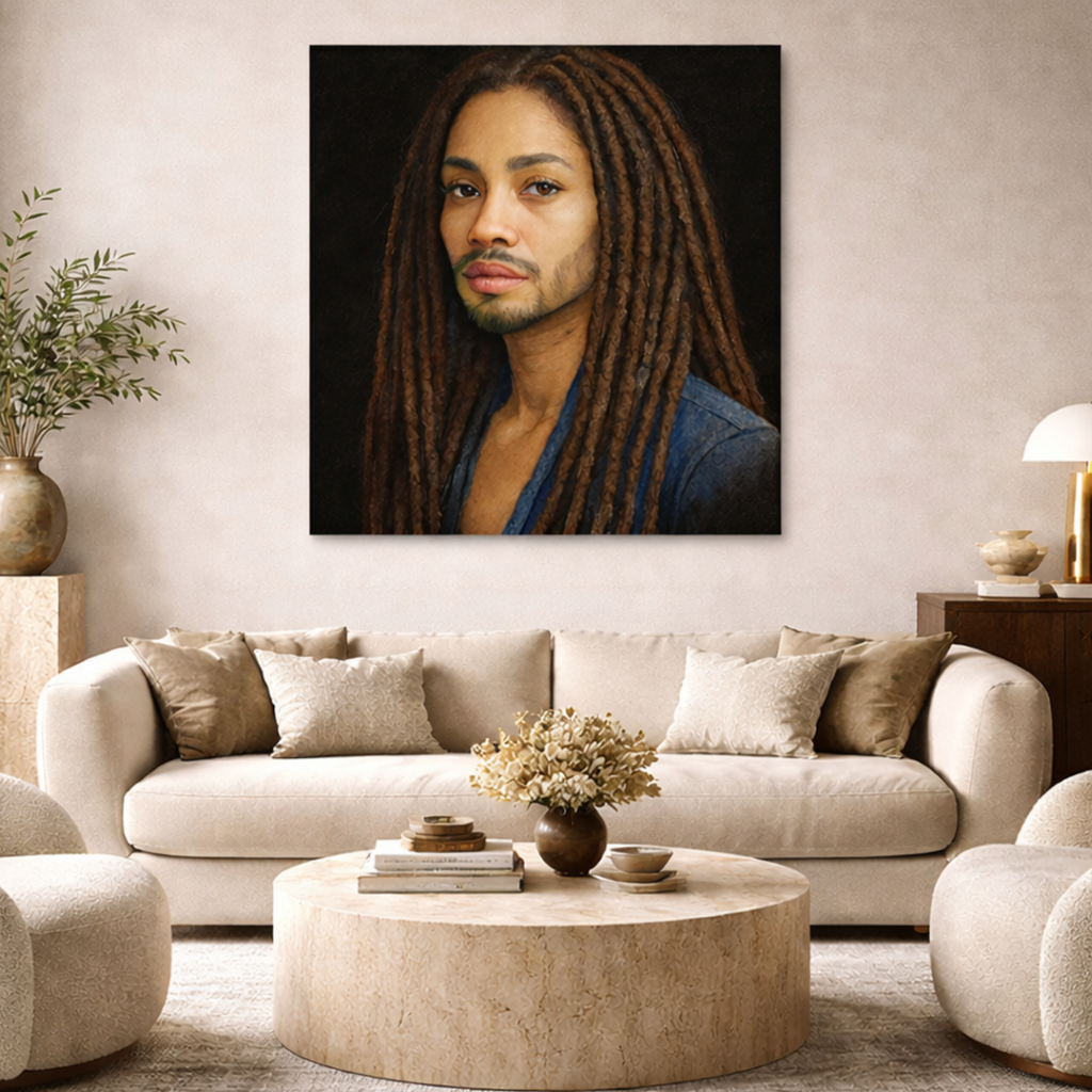 Living room with a beige sofa, round coffee table, and a portrait of a person with dreadlocks and light facial hair on the wall.