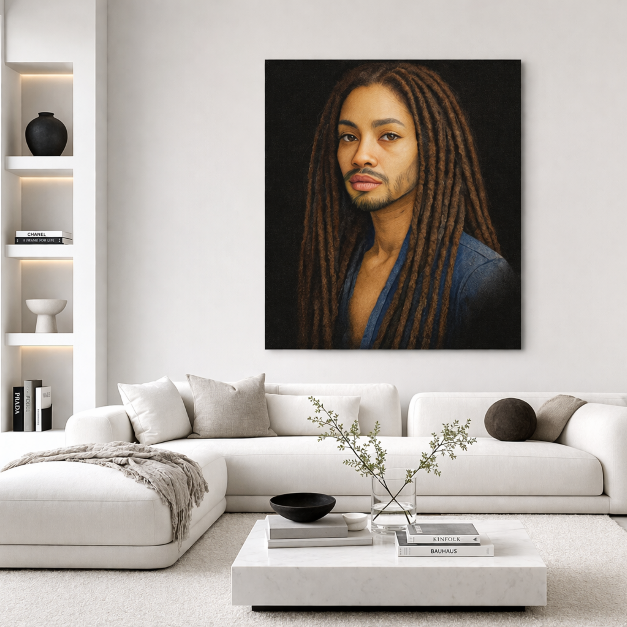 Portrait of a person with dreadlocks hanging above a modern living room.