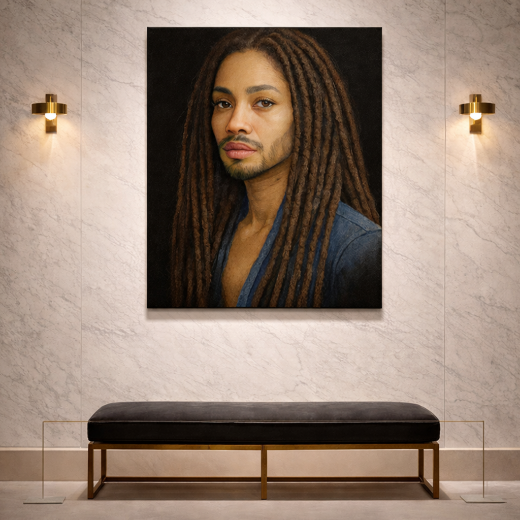 Portrait of a person with dreadlocks hanging on a wall above a black bench.