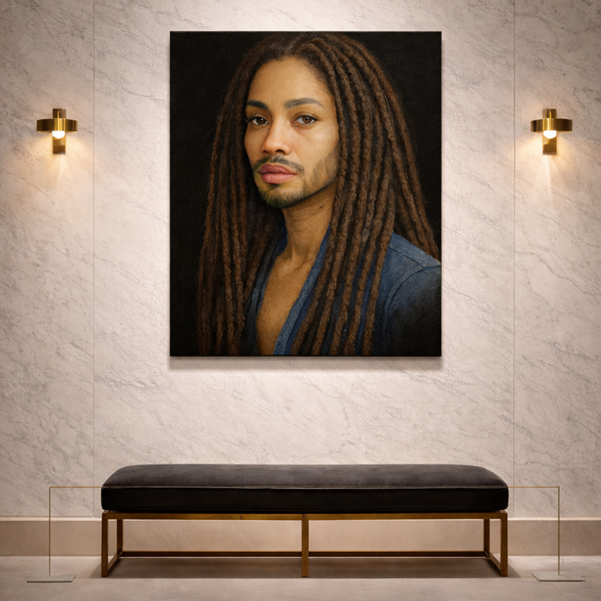 Portrait of a person with dreadlocks hanging on a wall above a black bench.