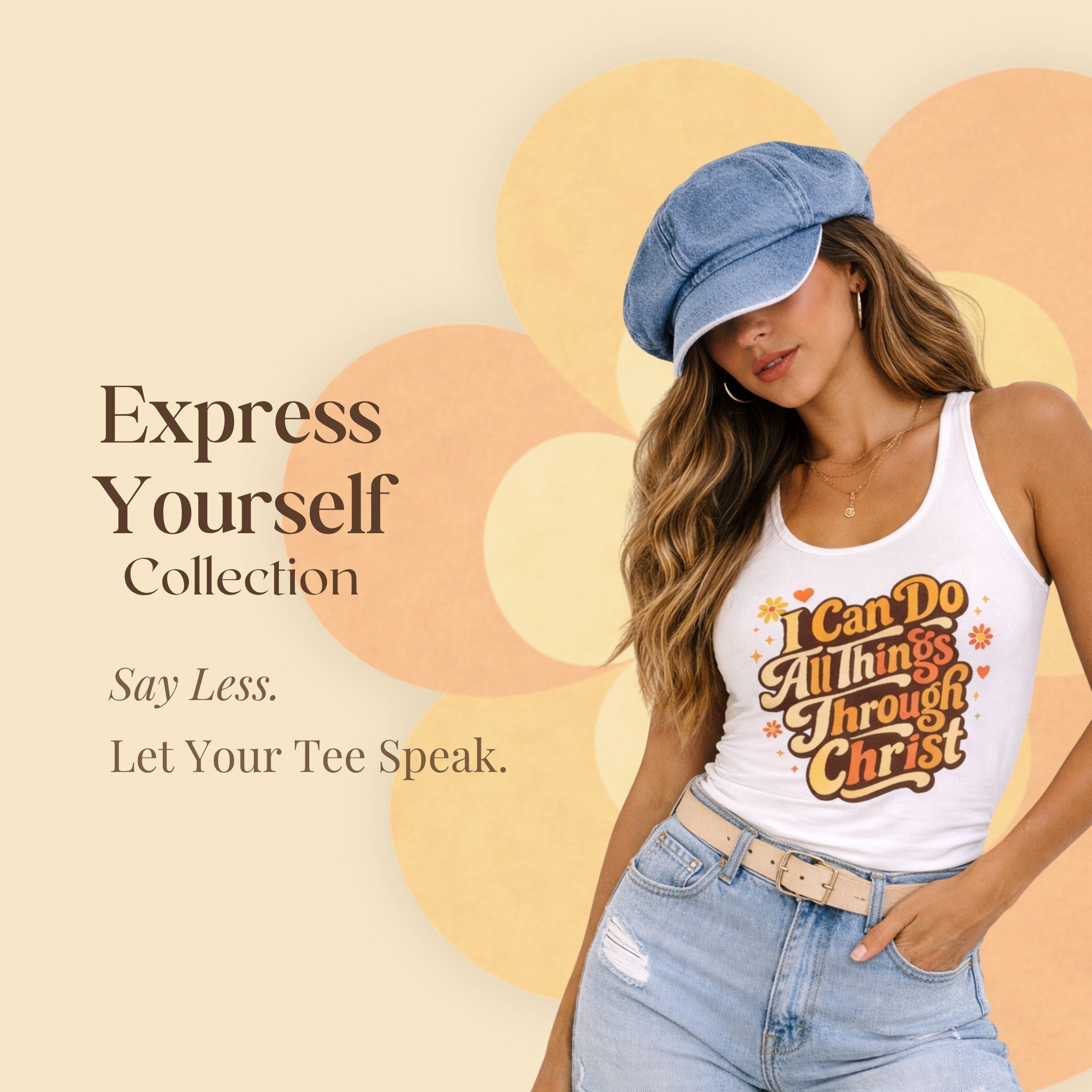 Young woman in denim hat wearing retro graphic tank top, express yourself collection fashion banner, trendy women's statement clothing by Relatable Designs.