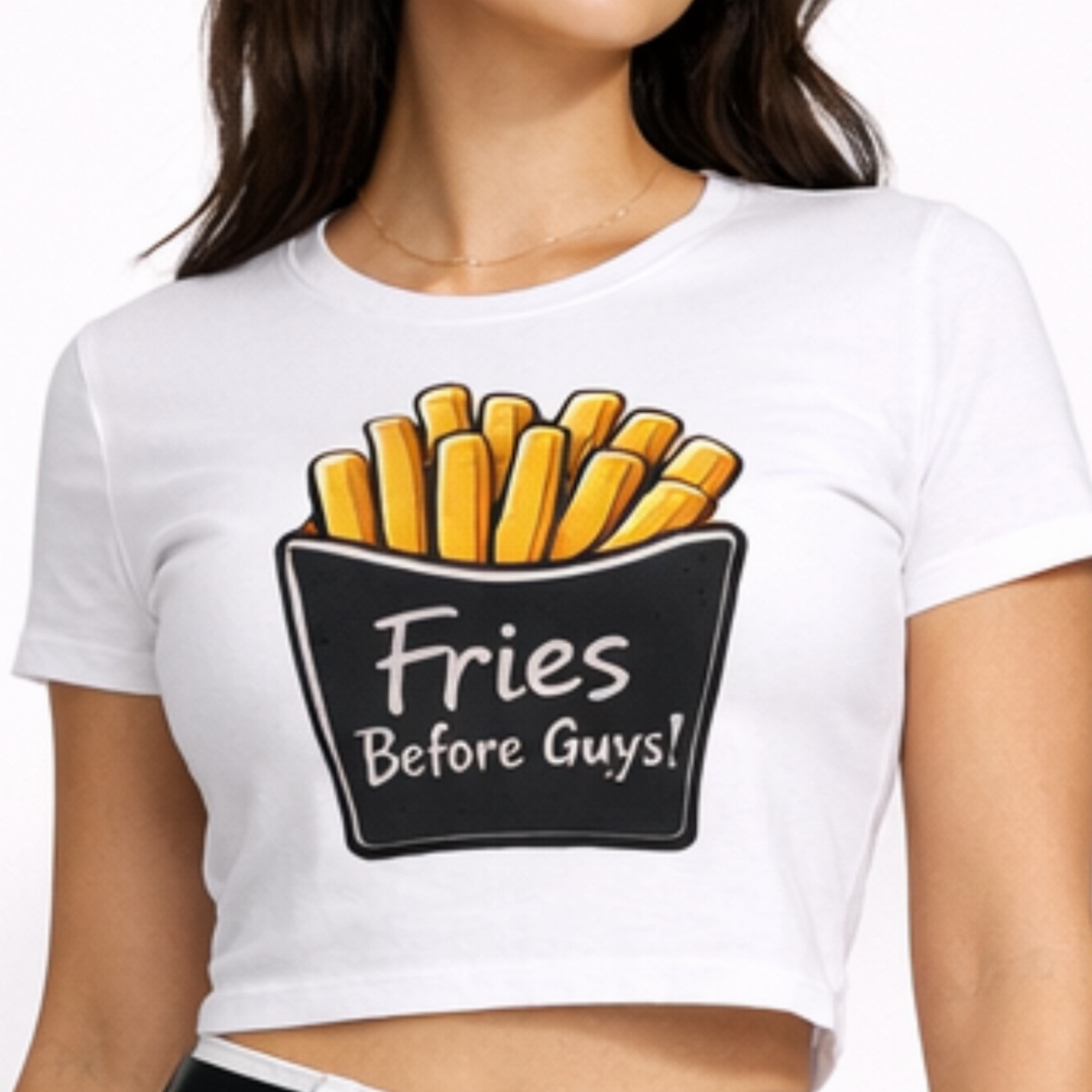 White t-shirt with a graphic of fries and 'Fries Before Guys!' text on a white background
