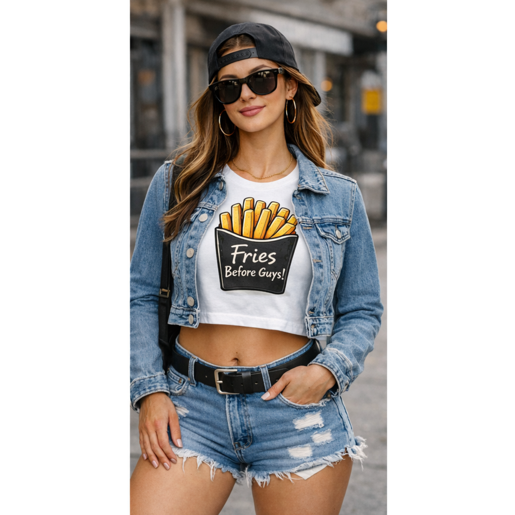 Woman wearing a white cropped  t-shirt with a graphic design of fries, denim jacket, and shorts on a city street.