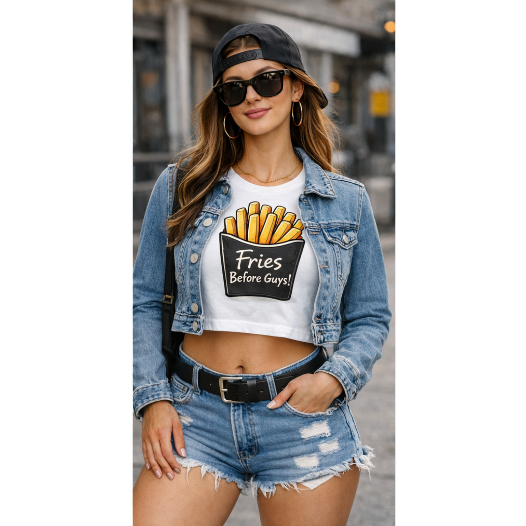 Relatable Designs white "Fries Before Guys" graphic tee styled with denim jacket casual street-wear fashion mock-up
