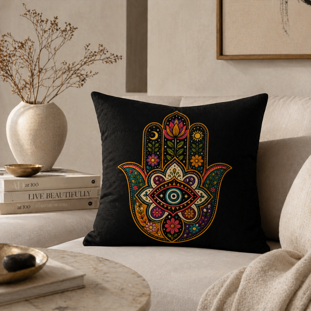 Boho living room with black hamsa hand pillow colorful spiritual home decor