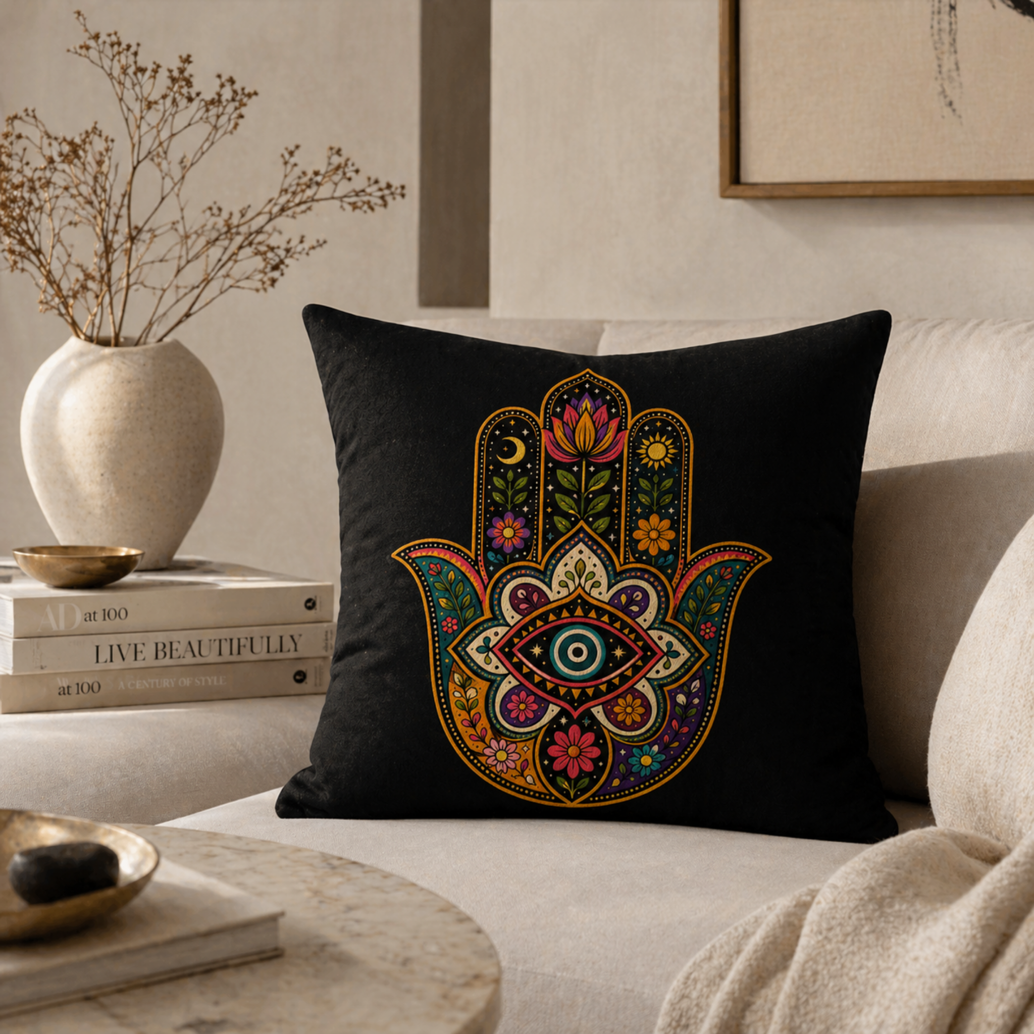 Boho living room with black hamsa hand pillow colorful spiritual home decor
