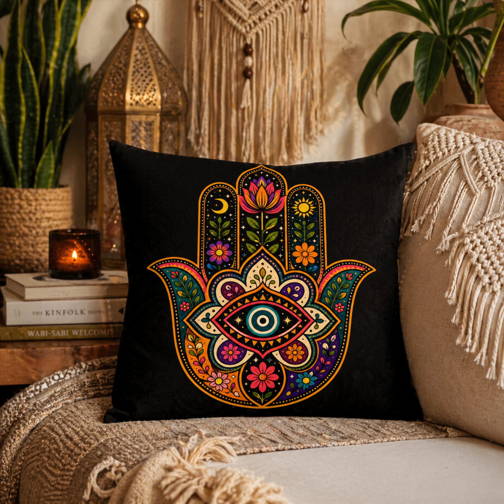 Colorful hamsa pillow on couch bohemian home decor spiritual accent cushion
