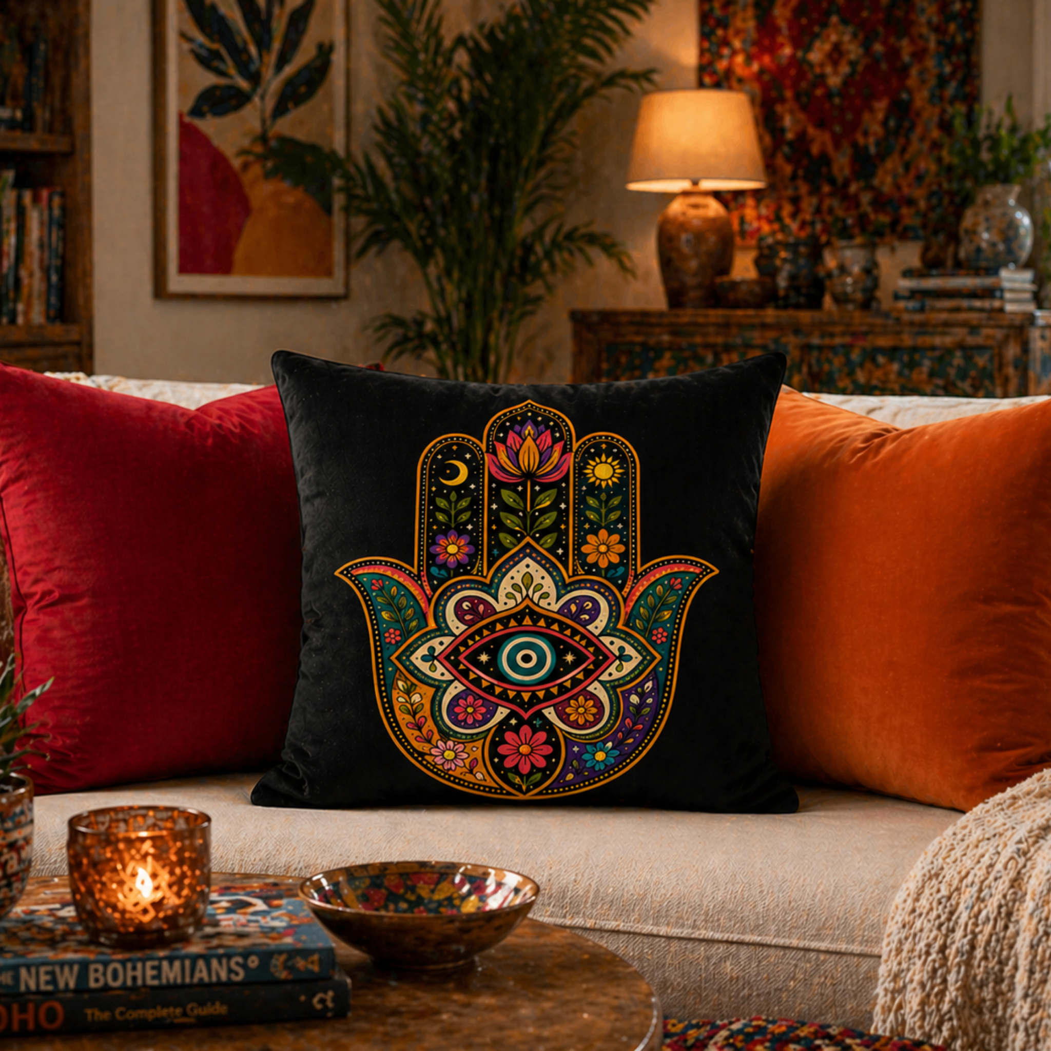 Black throw pillow with hamsa design mixed with modern boho decor pillows