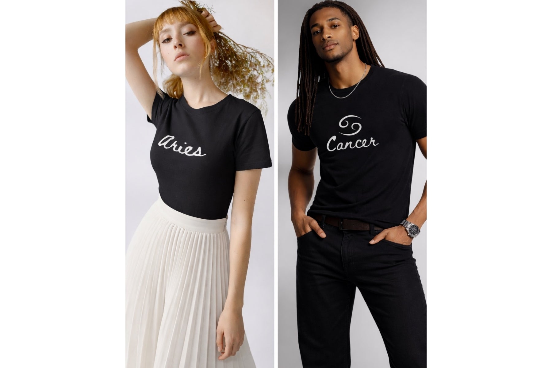 Two models wearing black zodiac graphic t-shirts featuring Aries and Cancer designs on a minimalist background by Relatable Designs