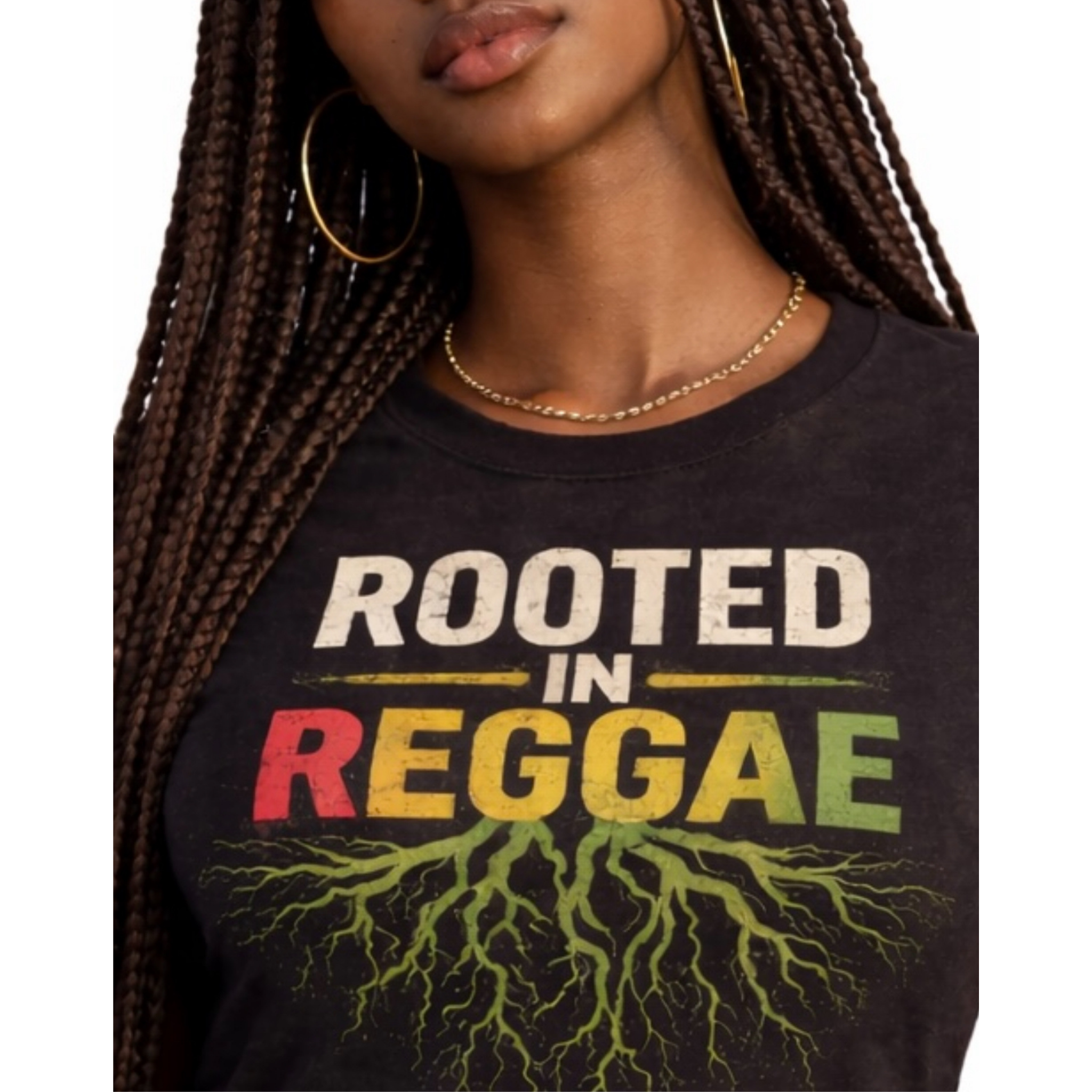 Woman wearing a black t-shirt with 'Rooted in Reggae' text and root design by Relatable Designs
