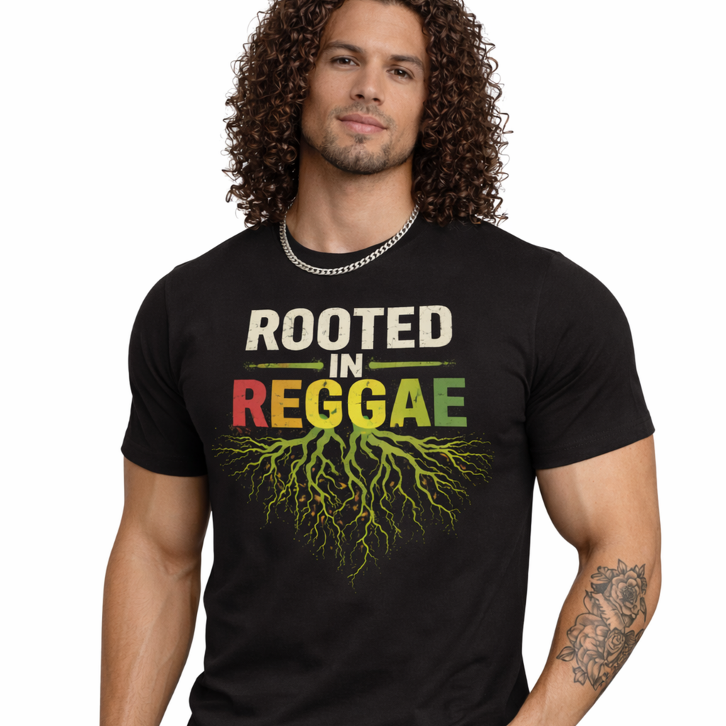 Male model wearing a black t-shirt with 'Rooted in Reggae' design and text on a white background