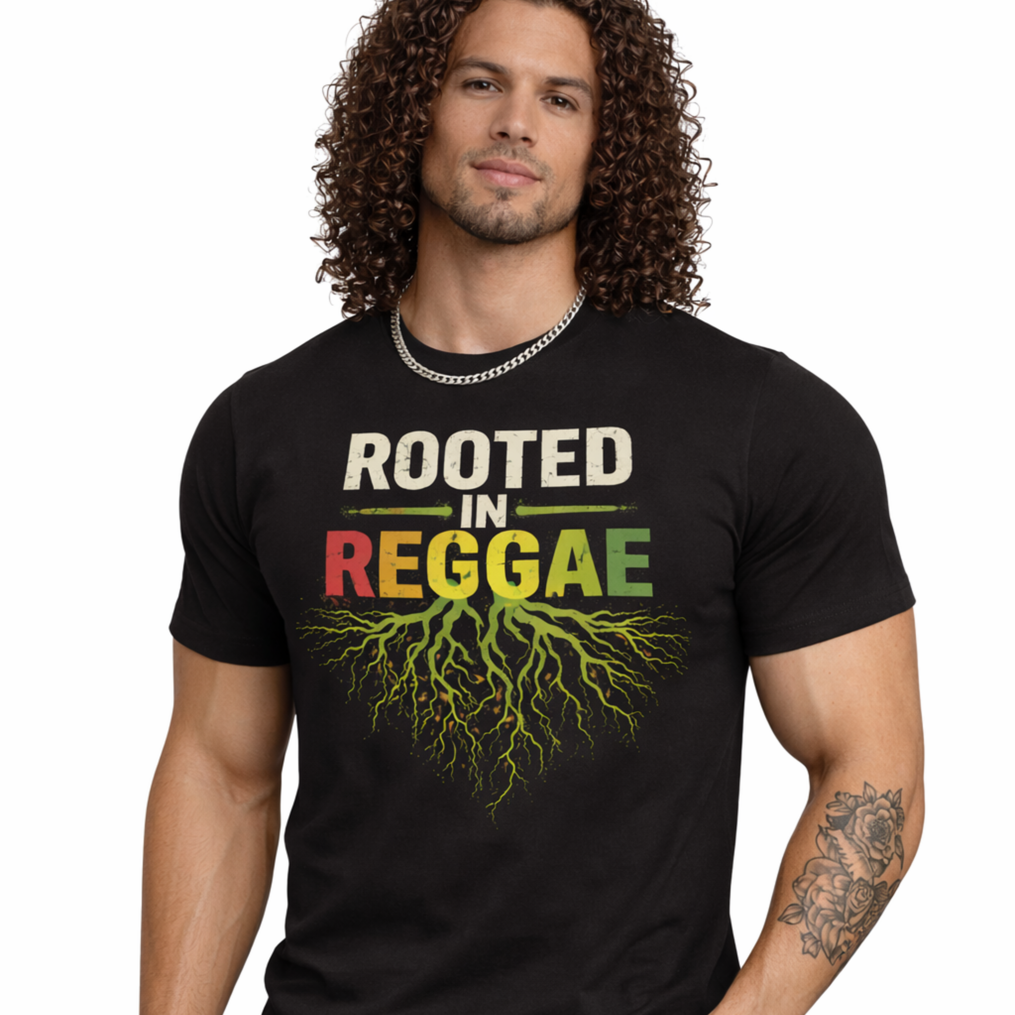 Male model wearing a black t-shirt with 'Rooted in Reggae' design and text on a white background