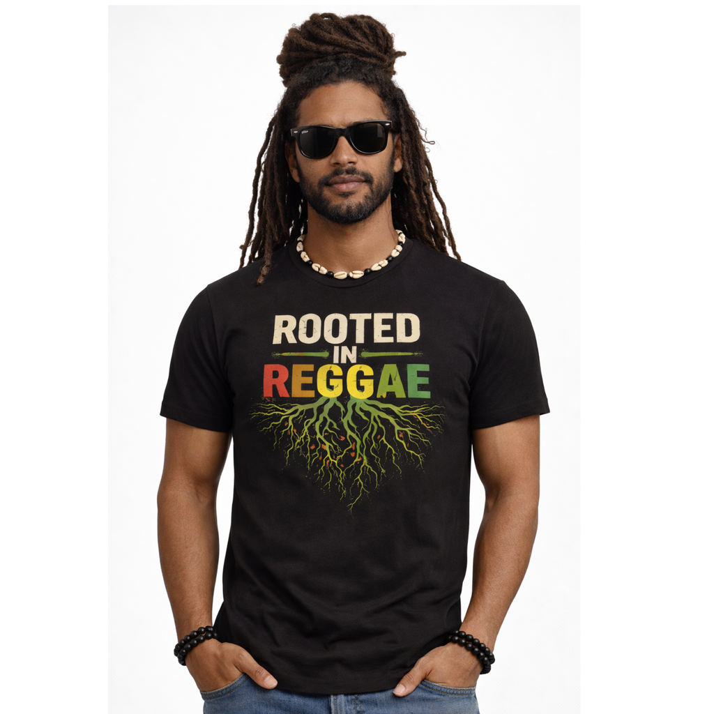 Male model with locks wearing a black t-shirt with 'Rooted in Reggae' design on a white background
