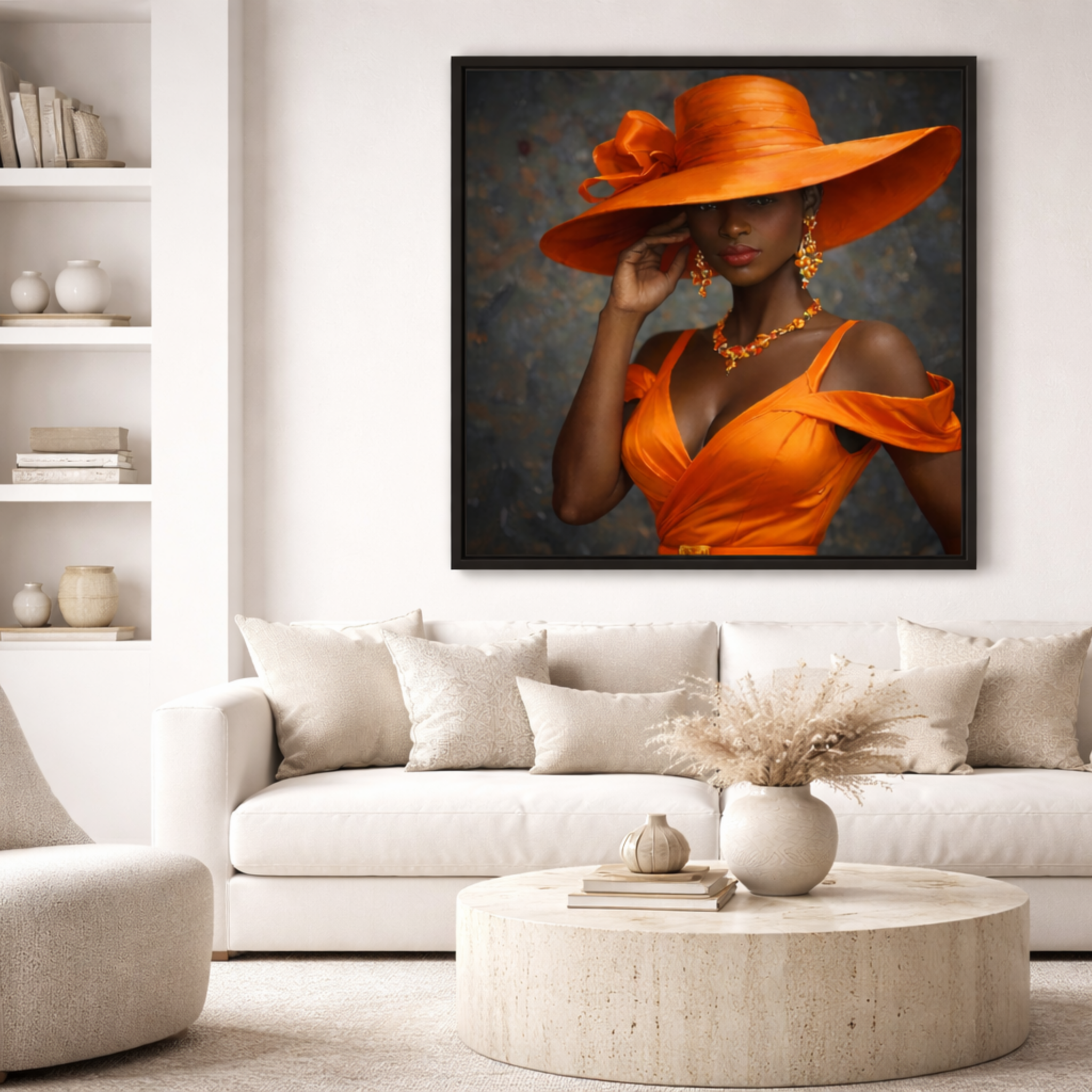 Fashion portrait wall art displayed above a modern living room sofa creating a bold focal point