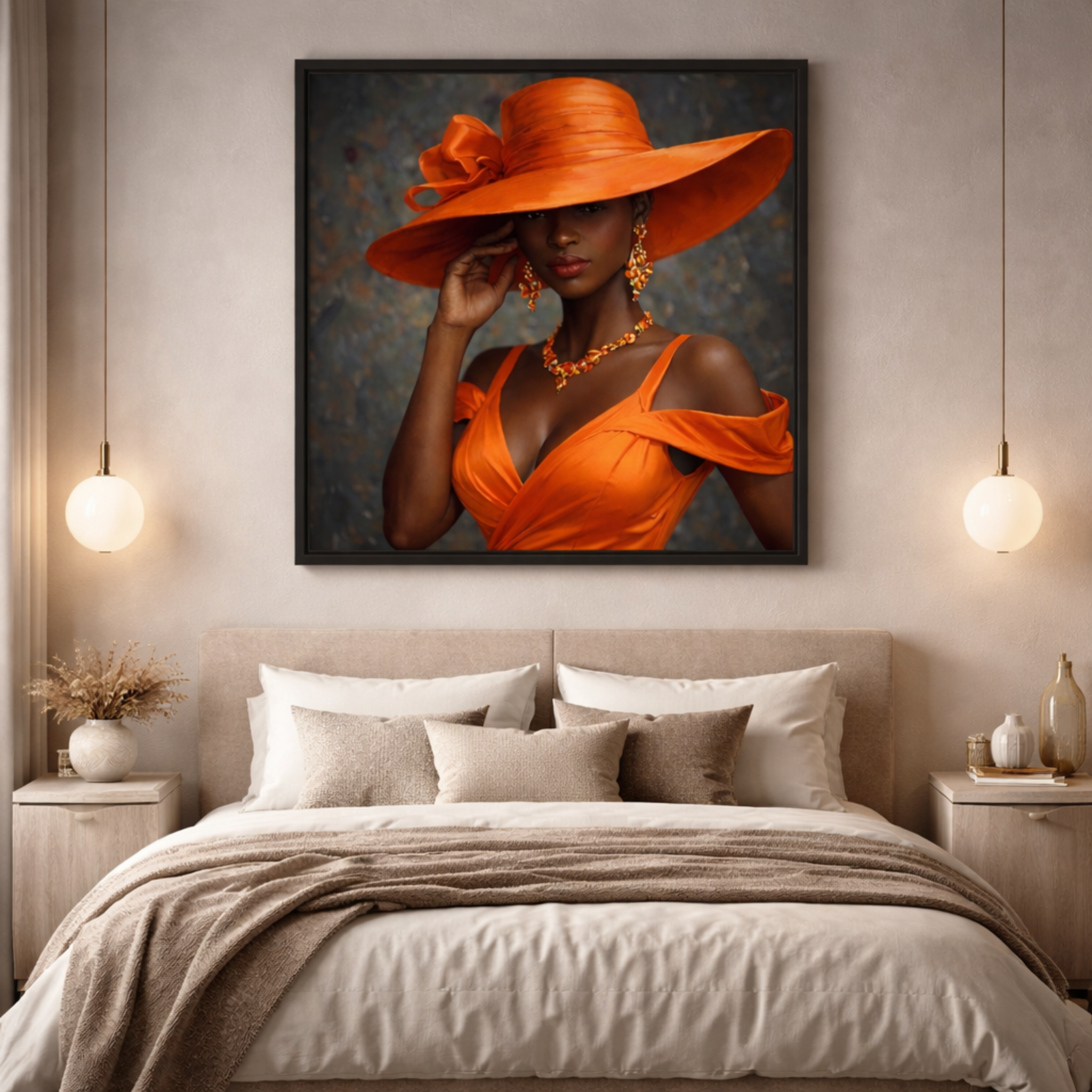 Elegant woman canvas art in orange tones styled in a modern bedroom interior