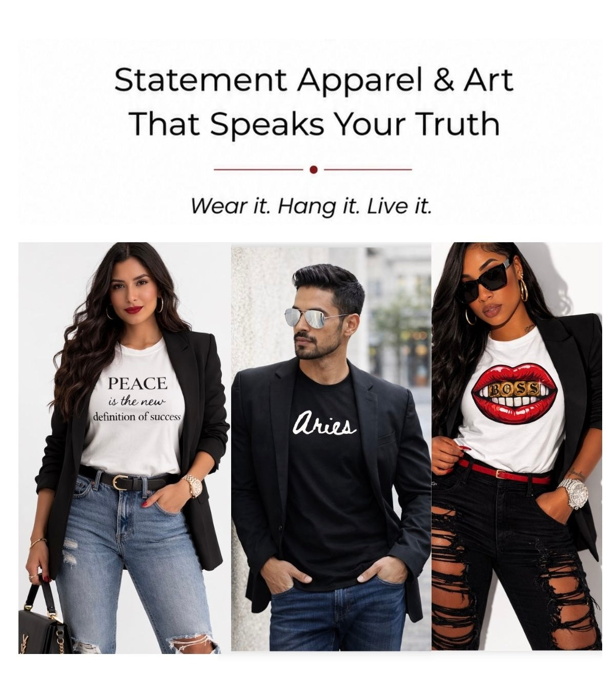 Models wearing statement graphic t-shirts styled in modern fashion outfits by Relatable Designs