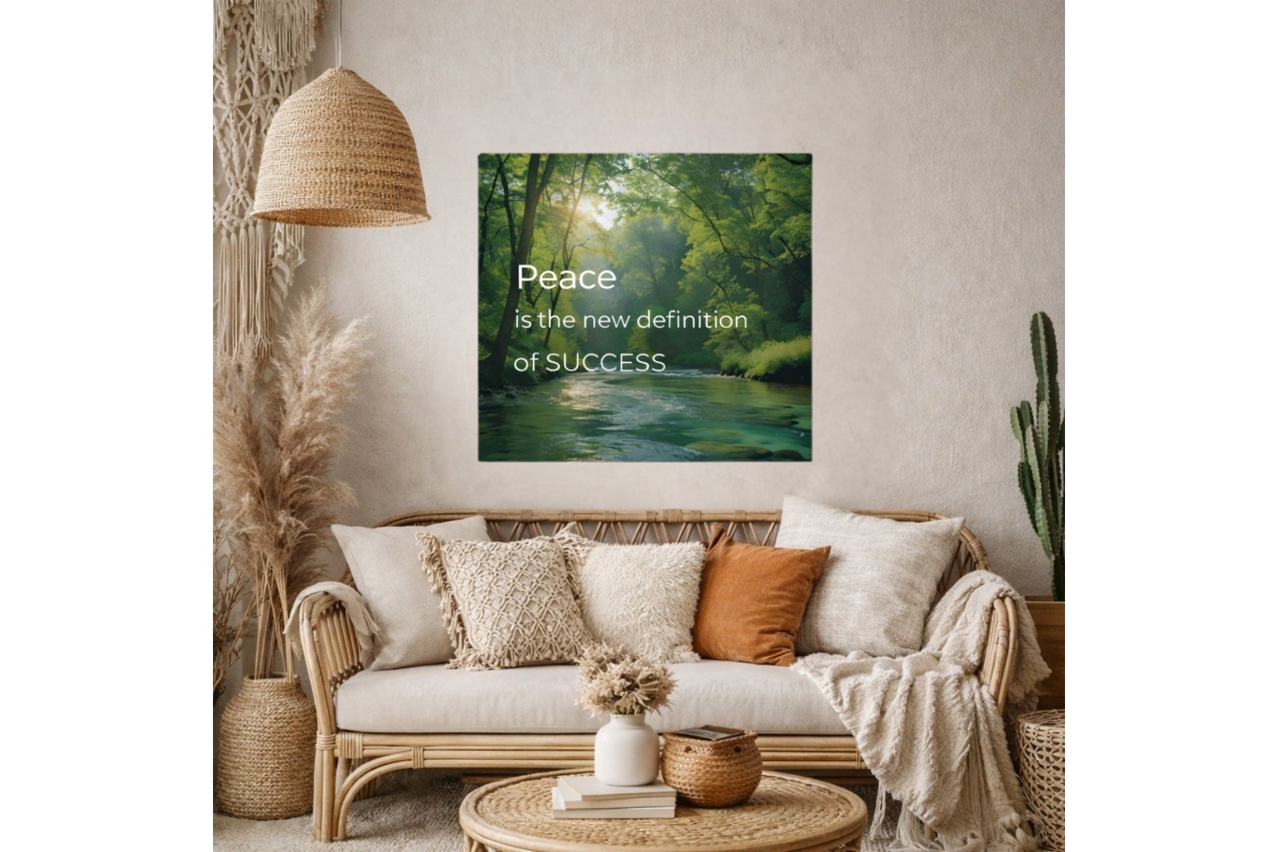 Boho-style living room with neutral decor and wall art reading "Peace is the new definition of success" above a woven sofa.