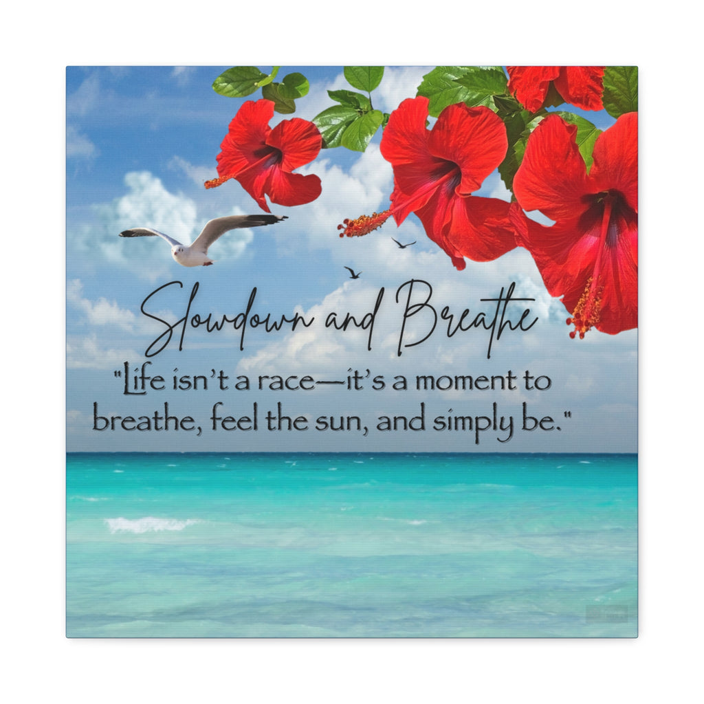 Beach scene with red flowers, seagull, and inspirational quote on a blue sky and ocean background by Relatable Designs.