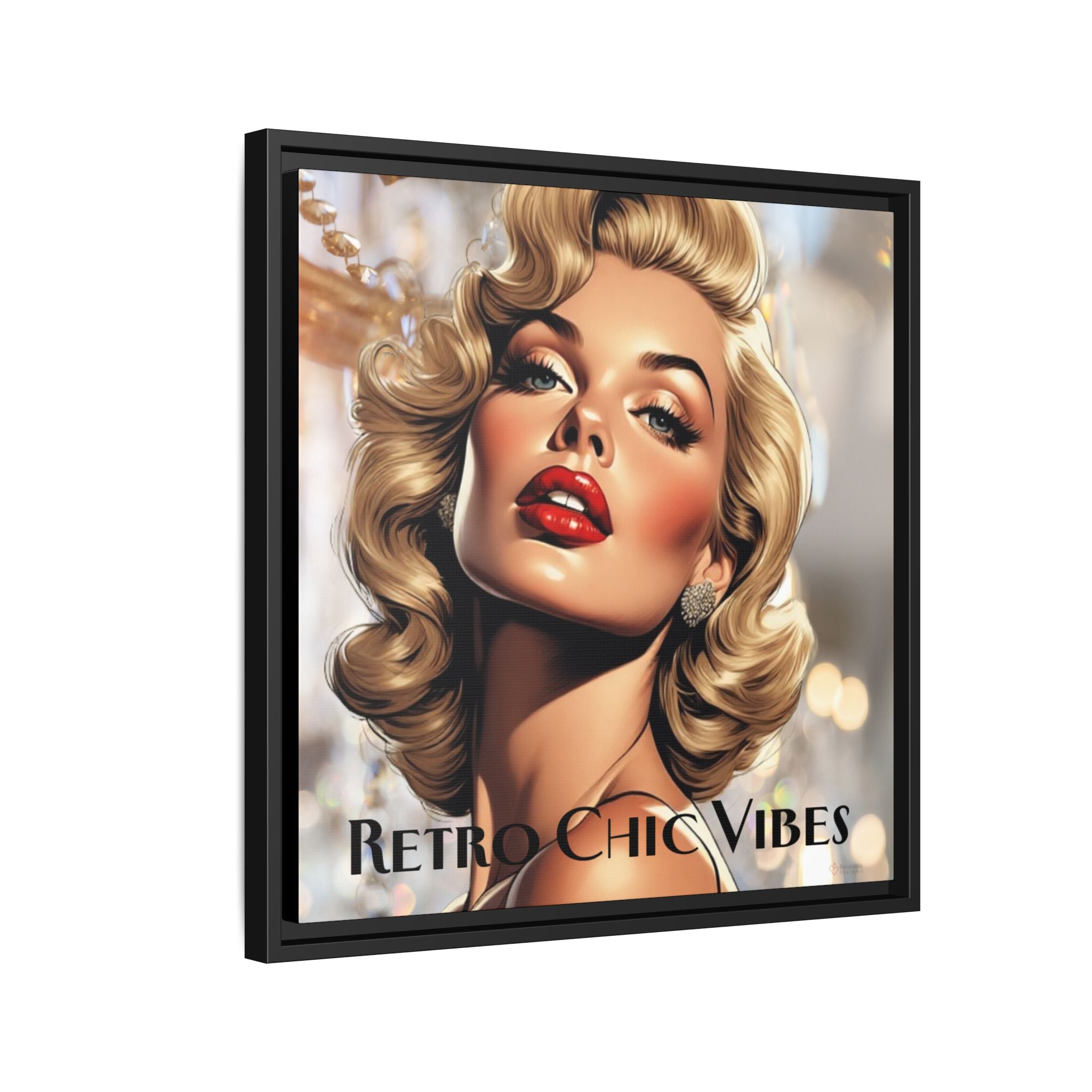 Framed vintage artwork of a stylized portrait with 'Retro Chic Vibes' text on a white background - Side View.