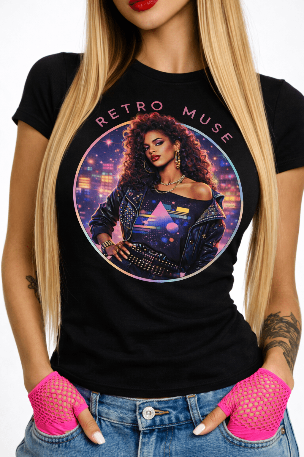 Close up of black graphic tee with 80's theme design styled with casual denim outfit by Relatable Designs