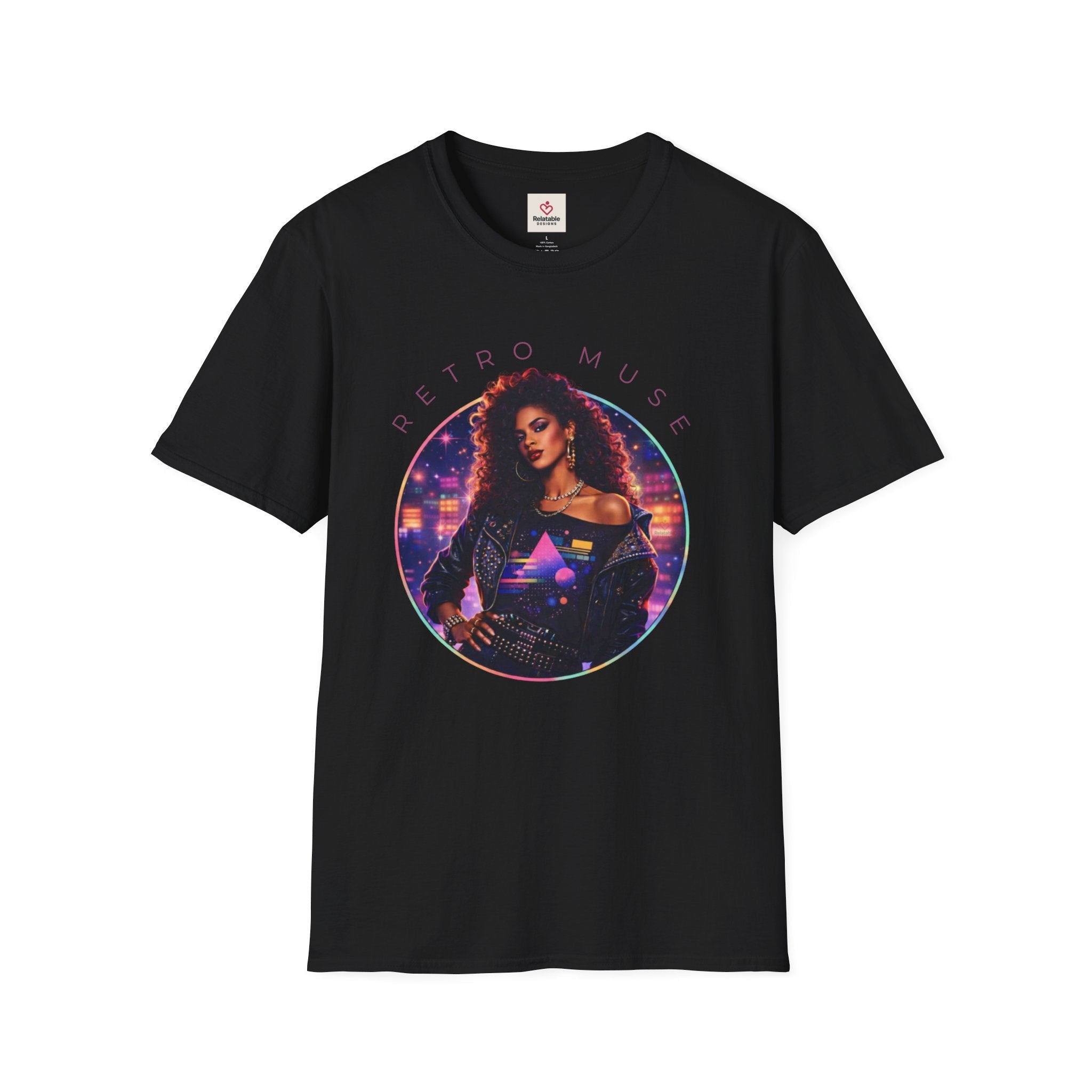 Relatable Designs black t-shirt with a colorful graphic of a woman and 'Retro Muse' text on a white background.
