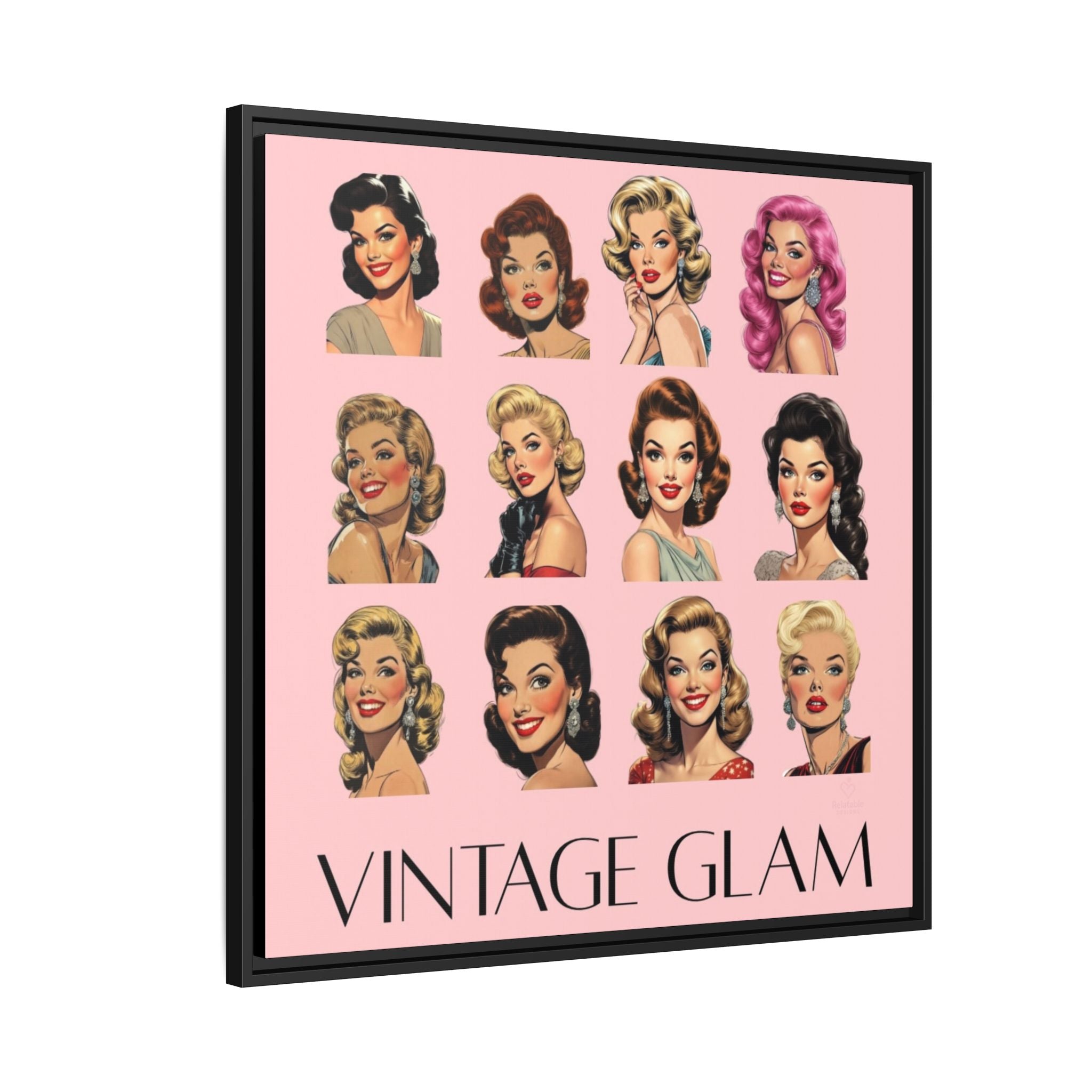 Framed canvas with vintage-style women's portraits and 'Vintage Glam' text on a pink background. Side View.