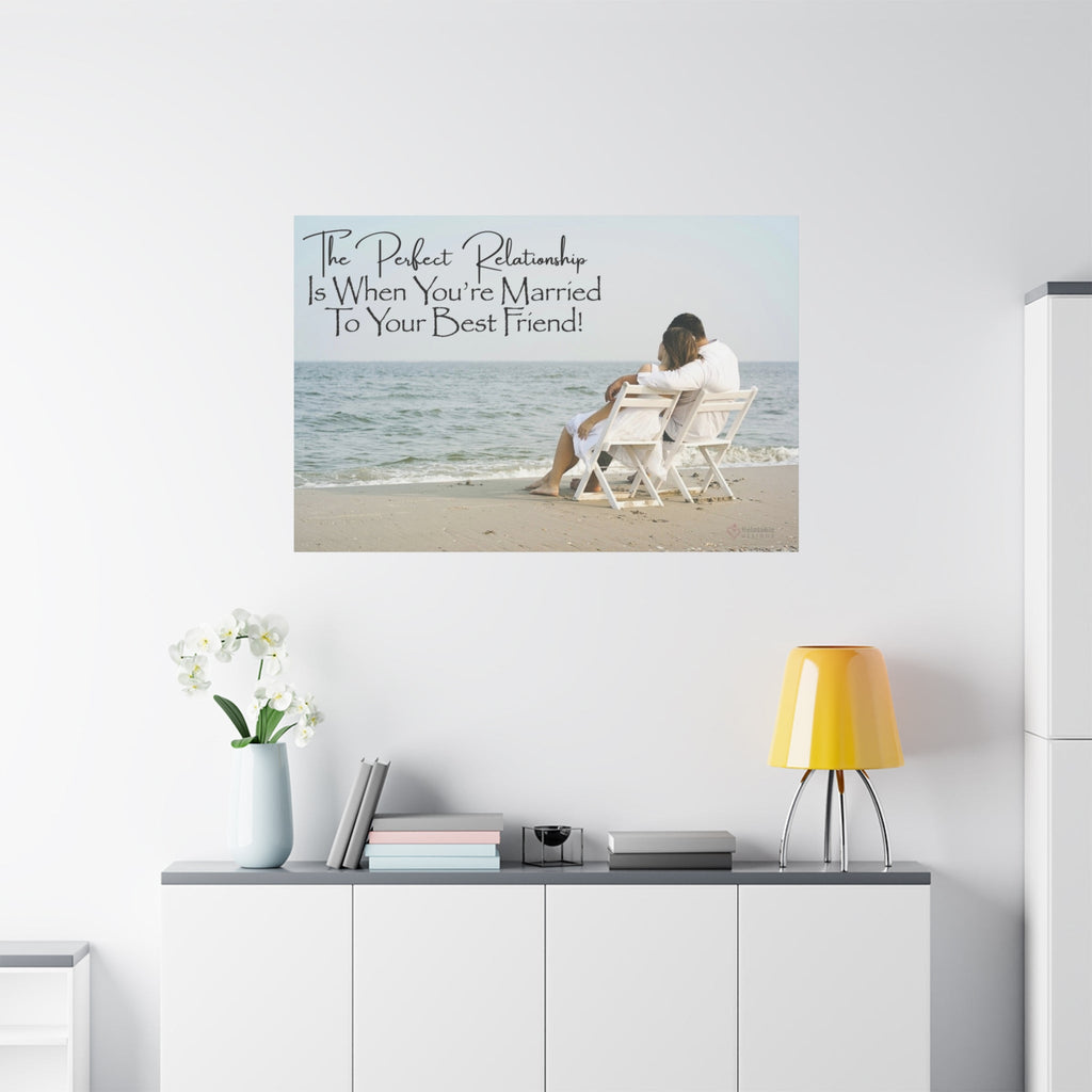 Romantic Wall art of a couple on a beach with a quote 'The Perfect Relationship Is With Your Best Friend' above a white cabinet.