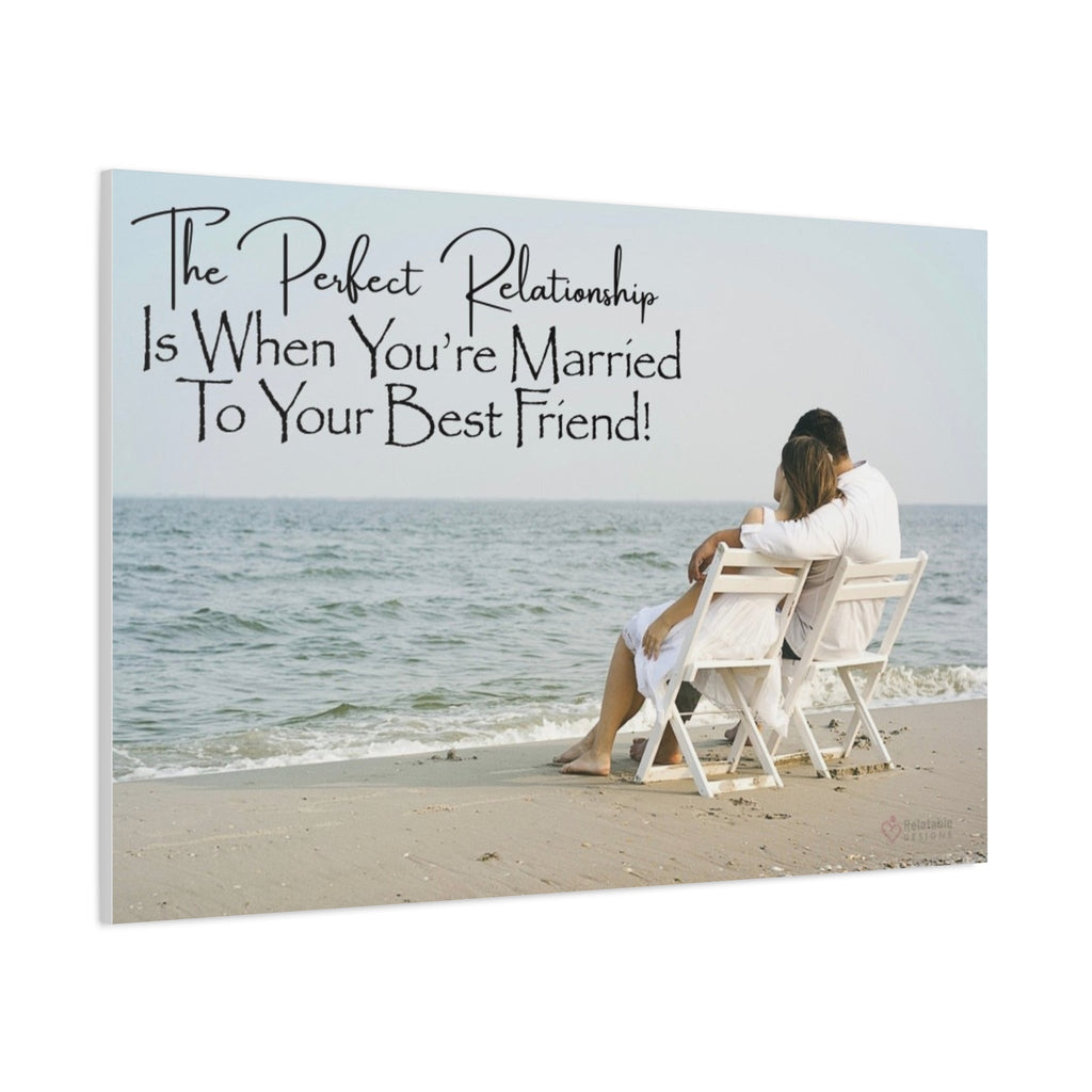 Couple sitting on chairs by the beach with a quote about the perfect relationship.