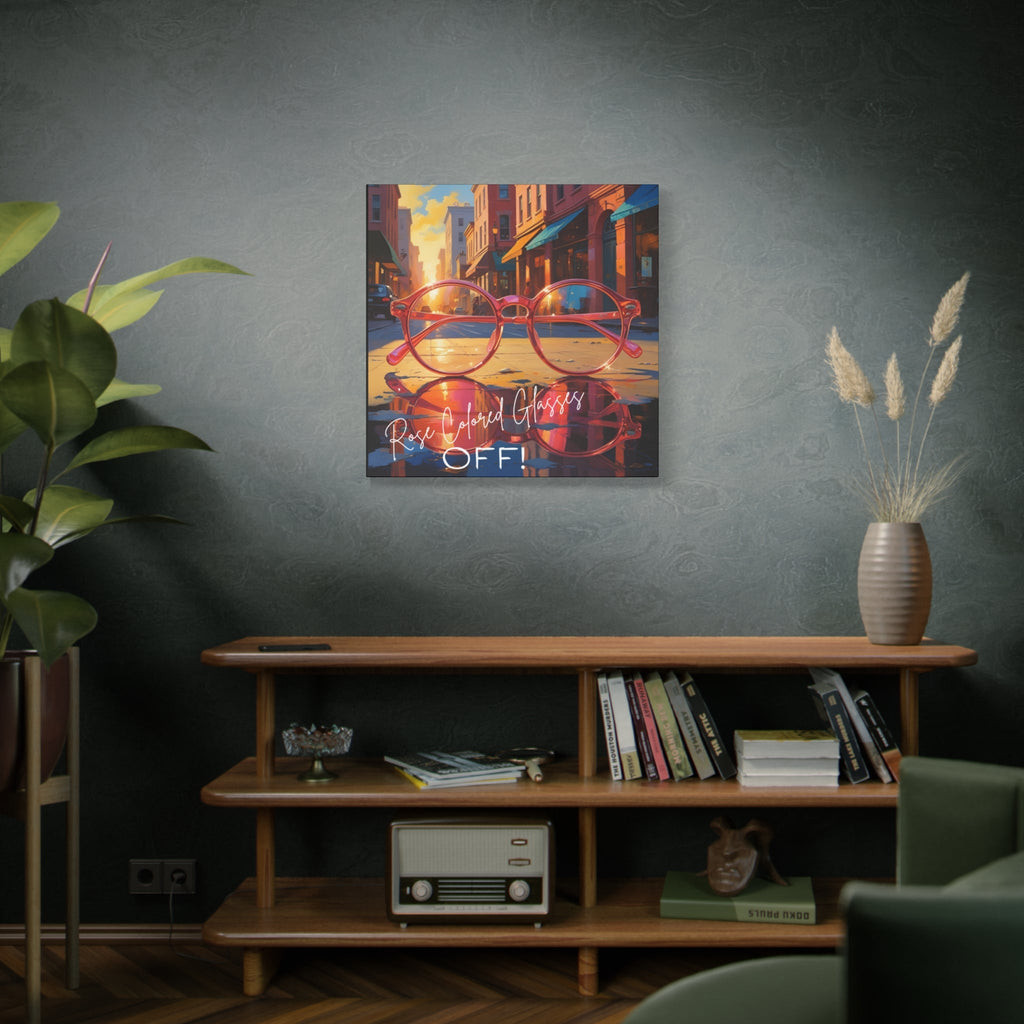 Colorful painting of eyeglasses on a wall with text above a wooden shelf with books and decor.