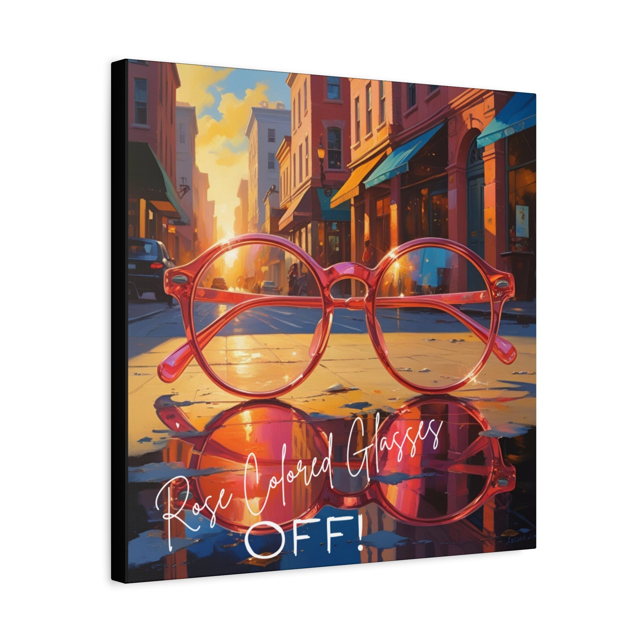 Framed vibrant canvas print with rose-colored glasses on a city street background.