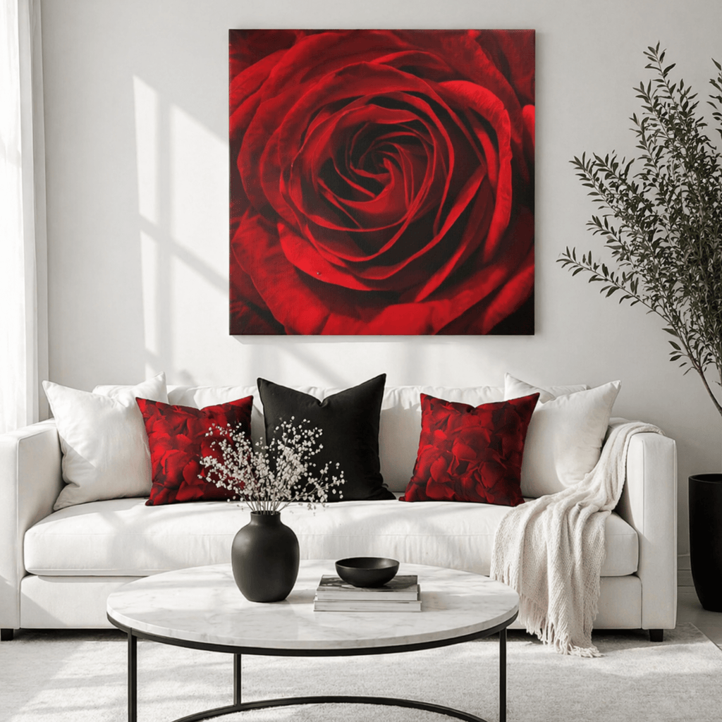 Living room with a white sofa, red roses and black pillows, and a large red rose painting on the wall