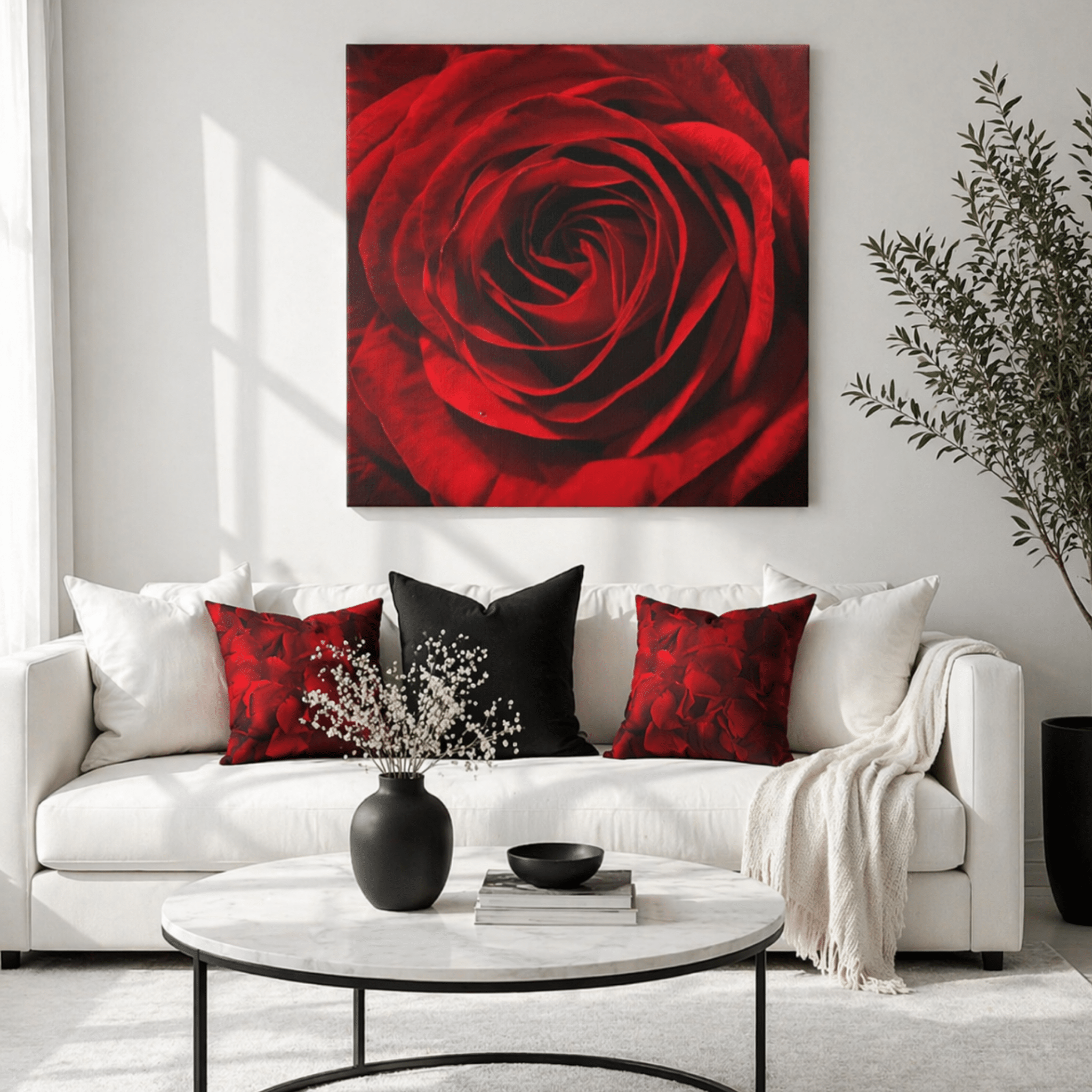 Living room with a white sofa, red roses and black pillows, and a large red rose painting on the wall