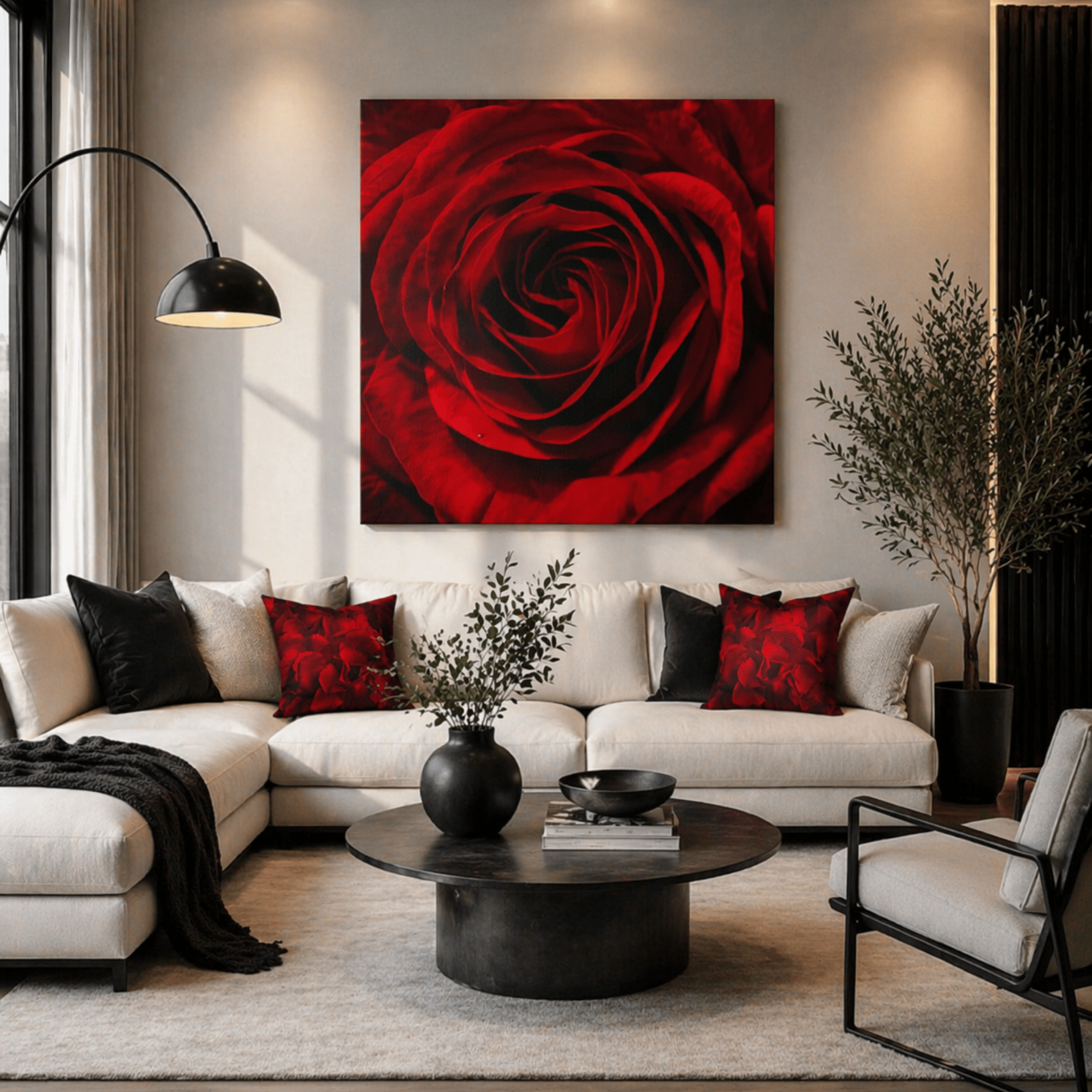 Red rose canvas wall art displayed above a modern living room sofa creating a bold focal point