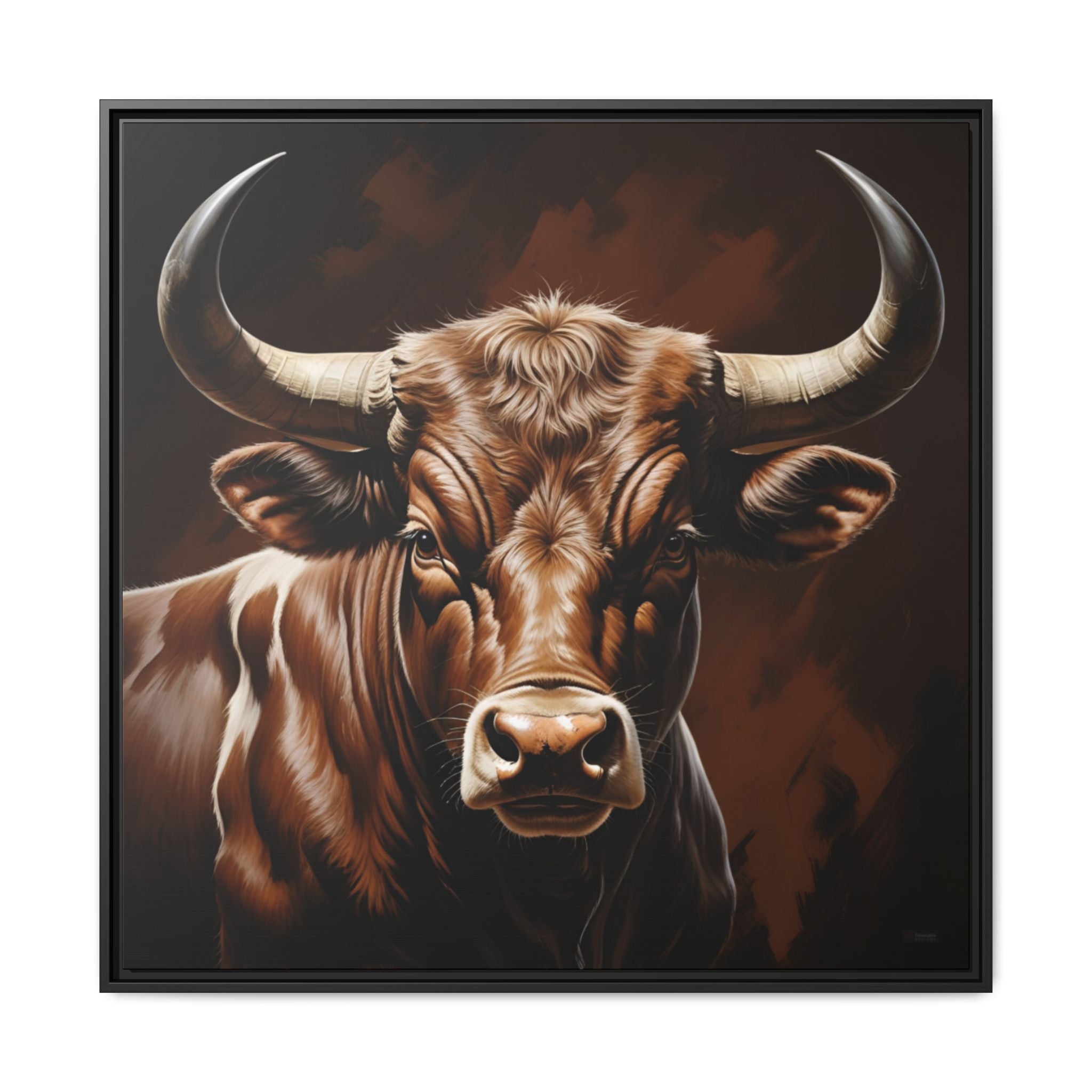 Framed canvas artwork of a brown bull with large horns on a dark background by Relatable Designs.