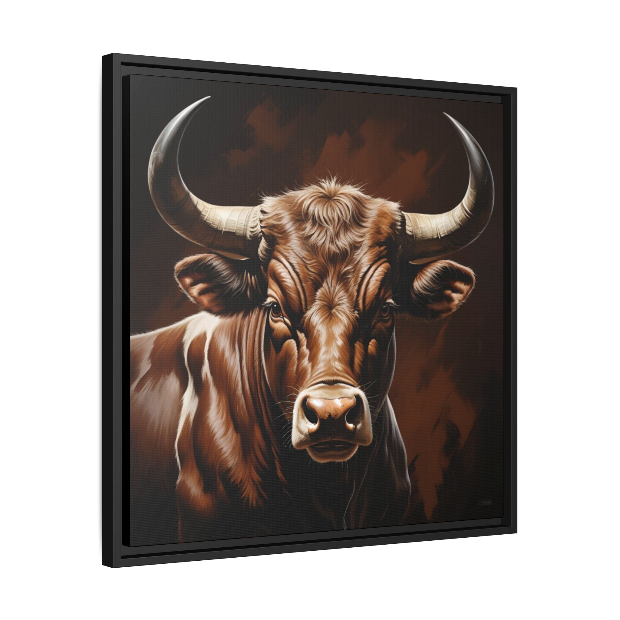 Framed country home decor of a bull with large horns on a dark background.