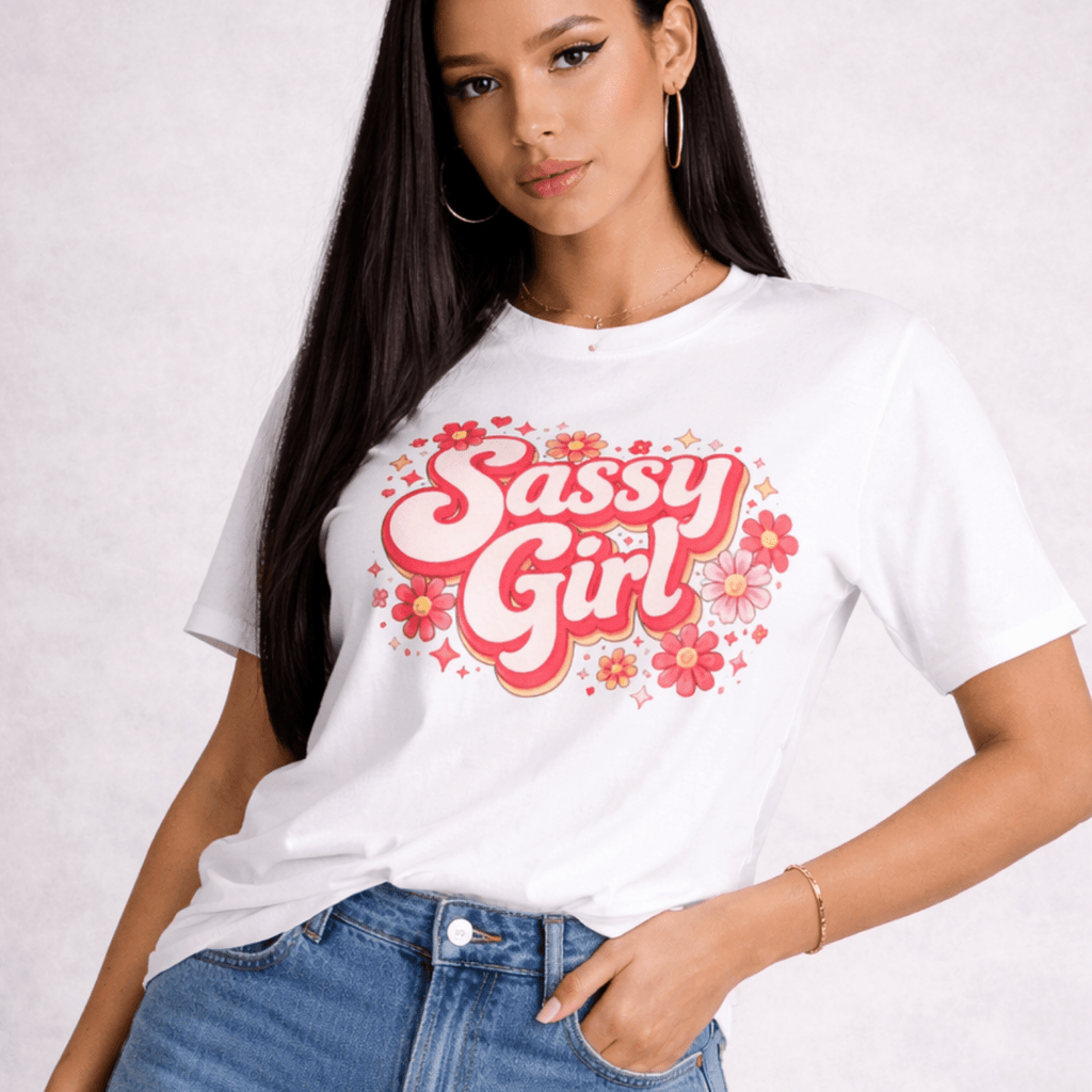 Woman wearing a white t-shirt with 'Sassy Girl' text and blue shorts on a plain background