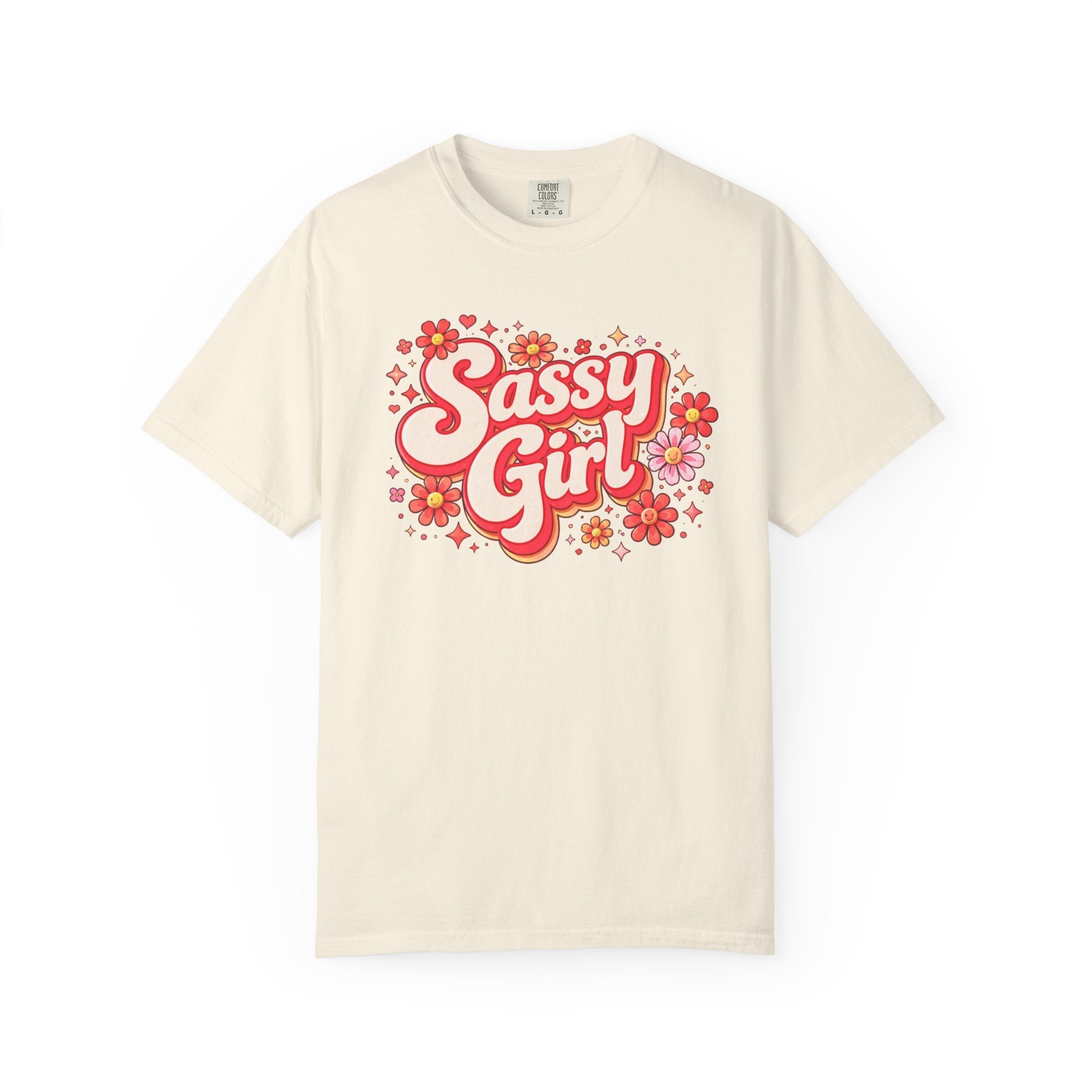 Beige t-shirt with 'Sassy Girl' text and floral design on a white background