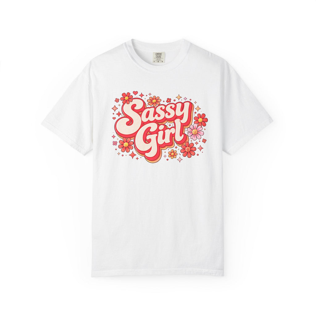 White t-shirt with 'Sassy Girl' text and floral designs on a white background