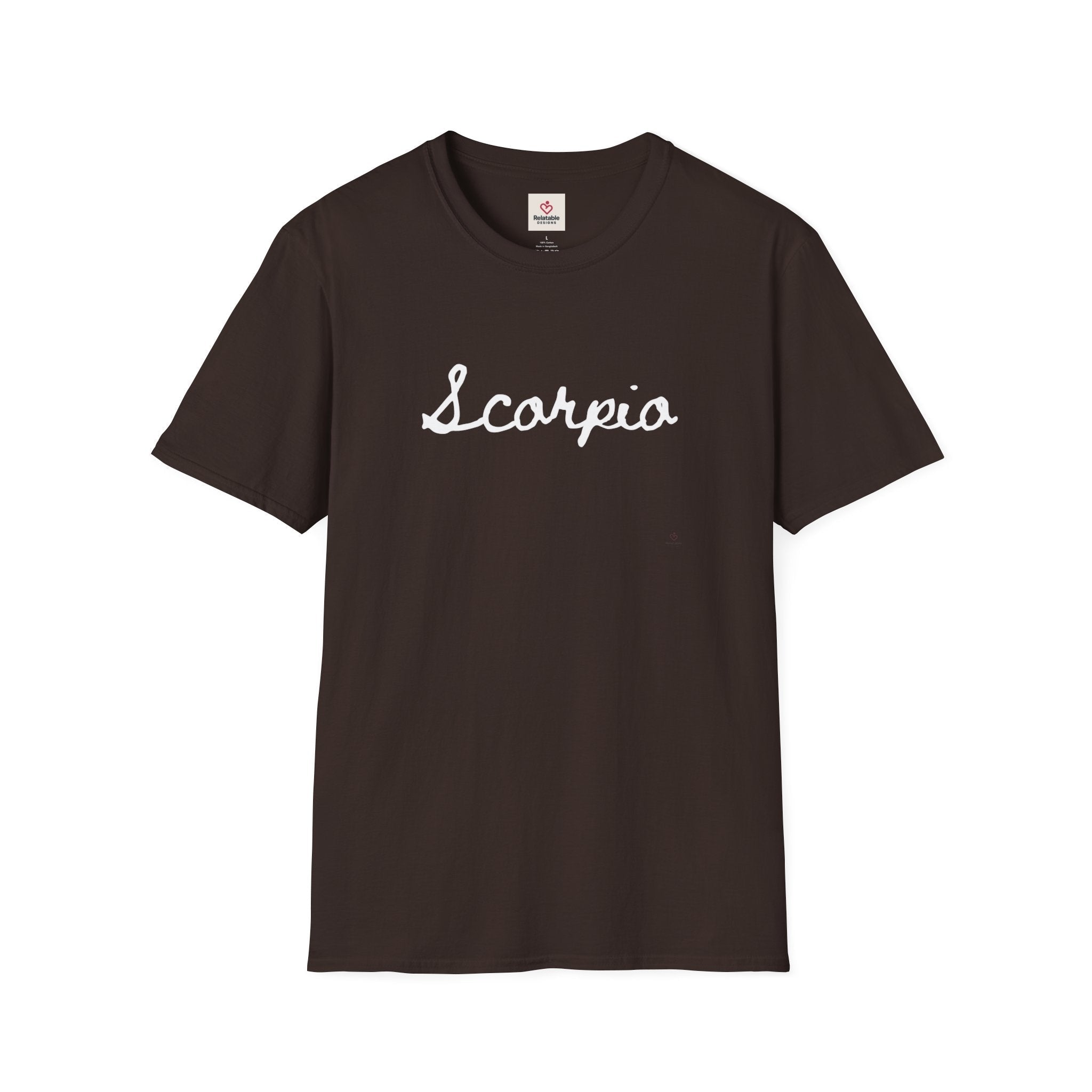 Brown t-shirt with 'Scorpio' text on a white background