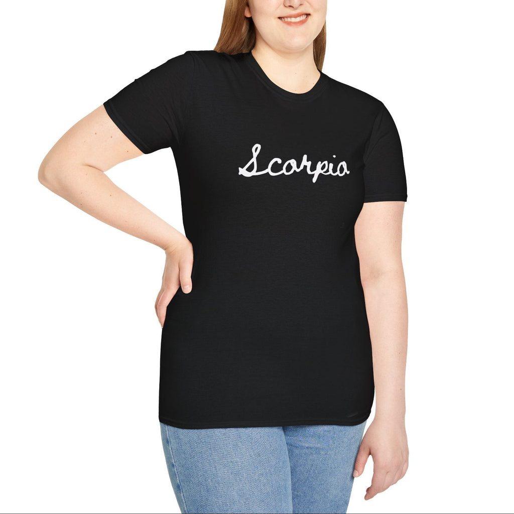 Woman wearing a black t-shirt with 'Scorpio' text on a white background