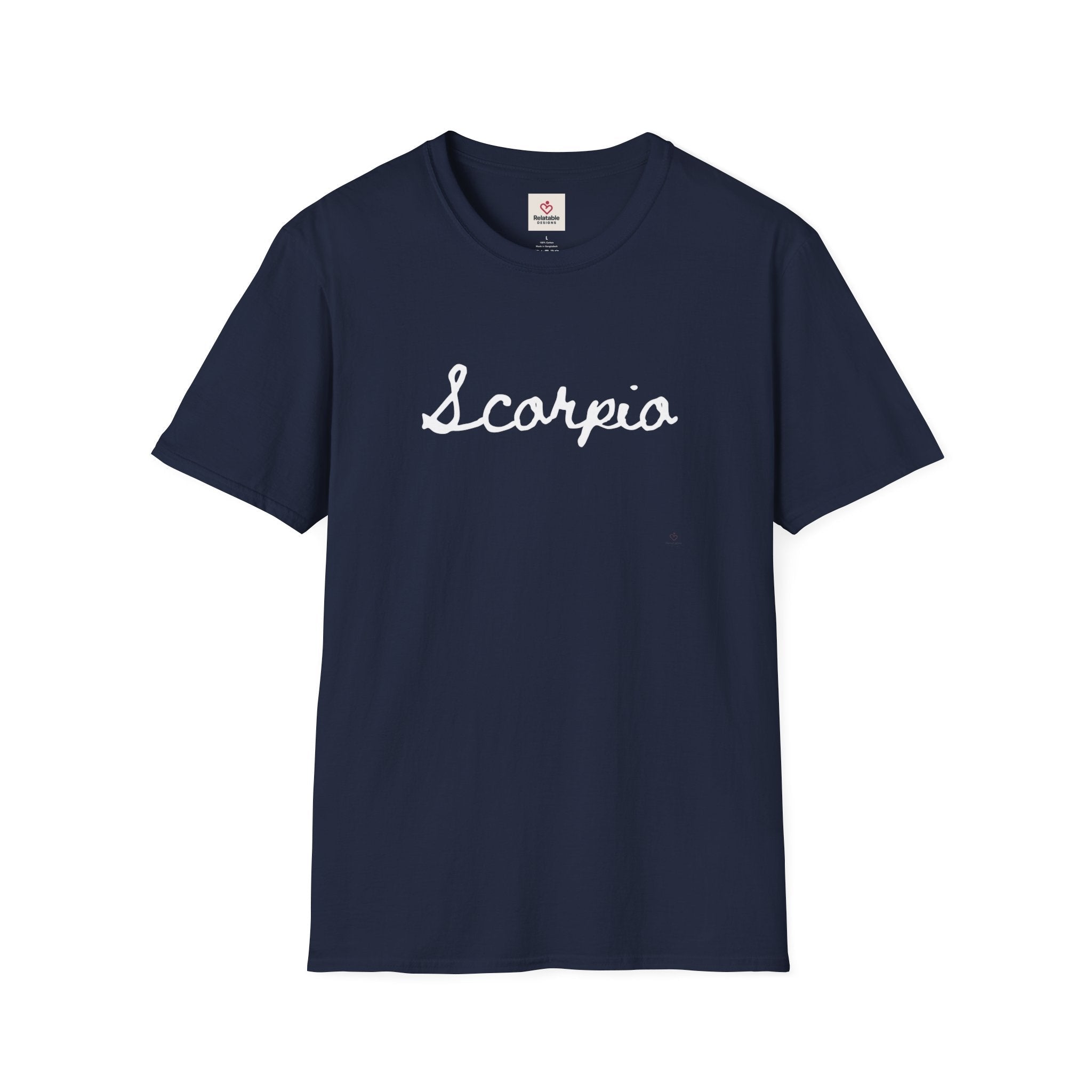 Navy blue t-shirt with 'Scorpio' text on a white background