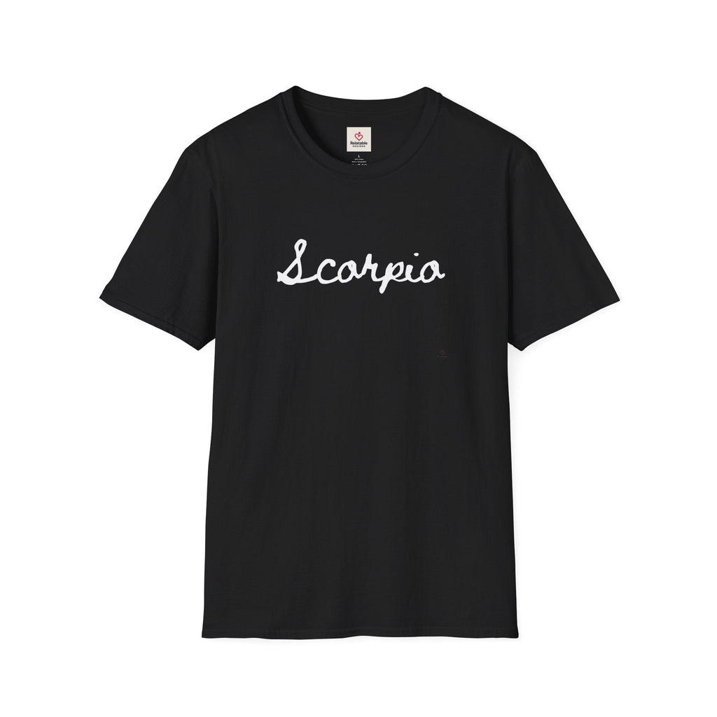 Black t-shirt with 'Scorpio' script text on a white background by Relatable Designs.