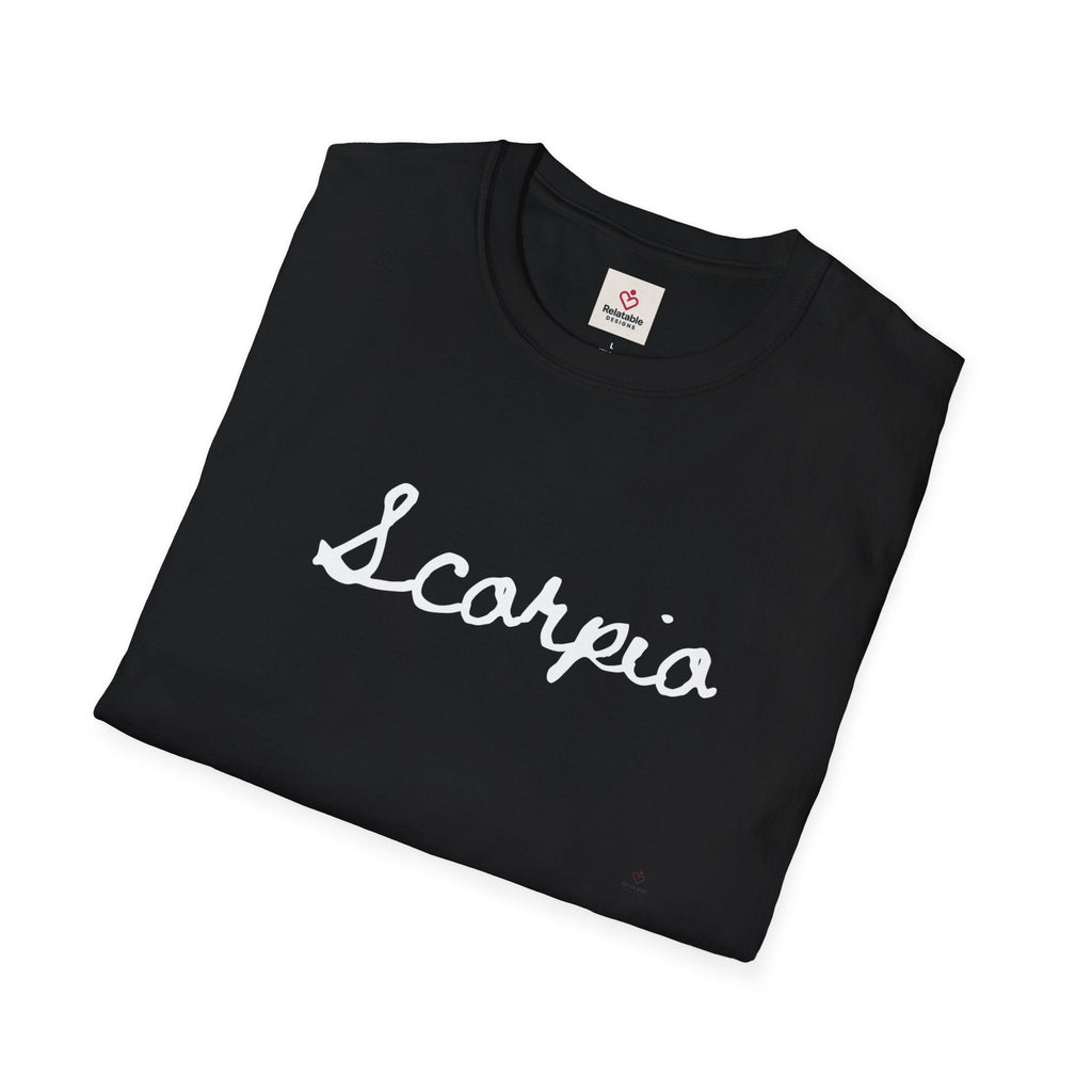 Folded Black t-shirt with 'Scorpio' text on a white background
