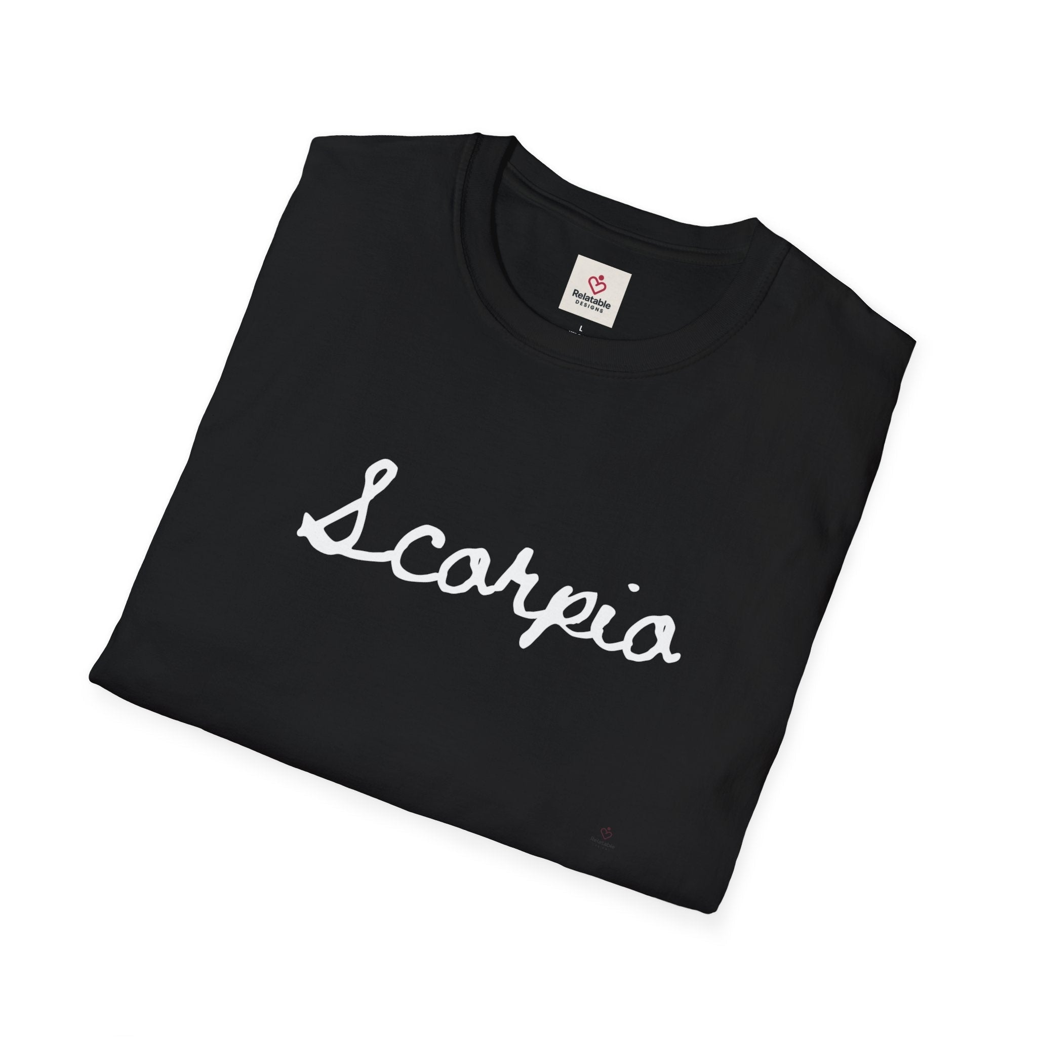 Folded Black t-shirt with 'Scorpio' text on a white background