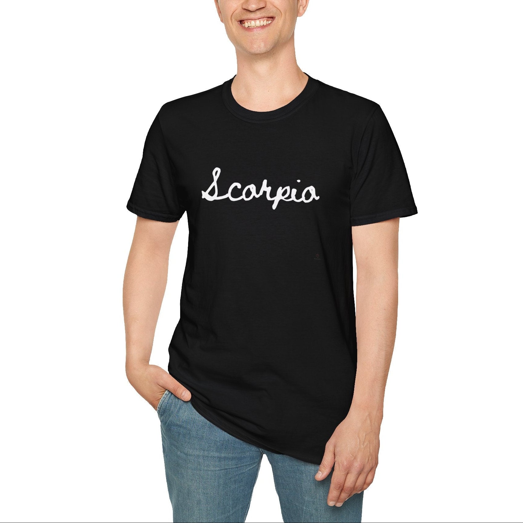 Man wearing a black t-shirt with 'Scorpio' text on a white background.