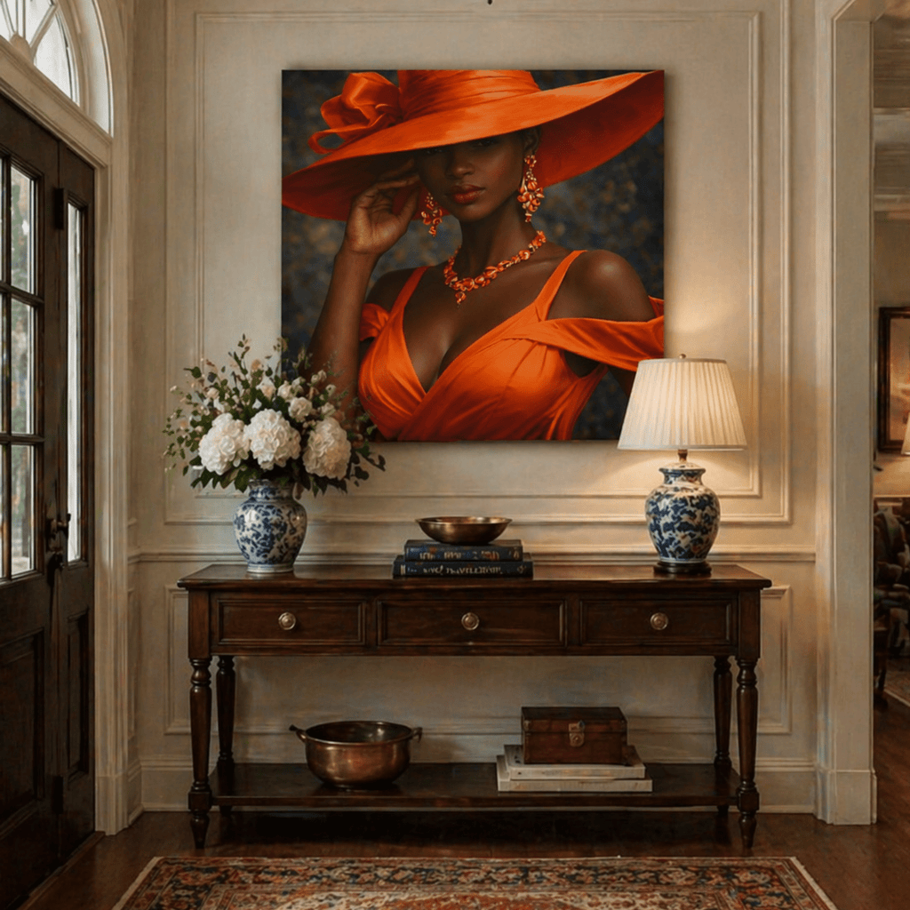 Decorative interior with a painting of a woman in an orange dress and hat, a lamp, and a console table with decor items.