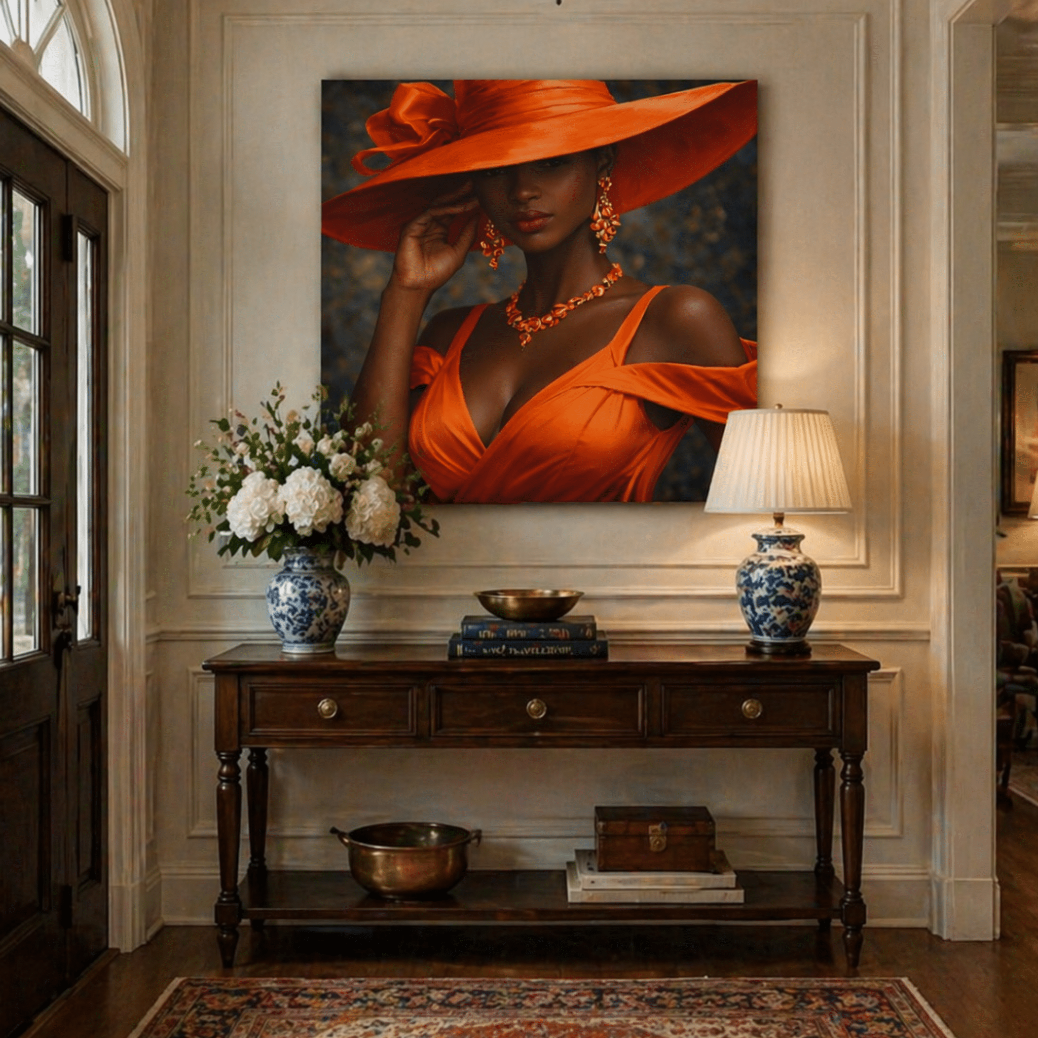 Decorative interior with a painting of a woman in an orange dress and hat, a lamp, and a console table with decor items.